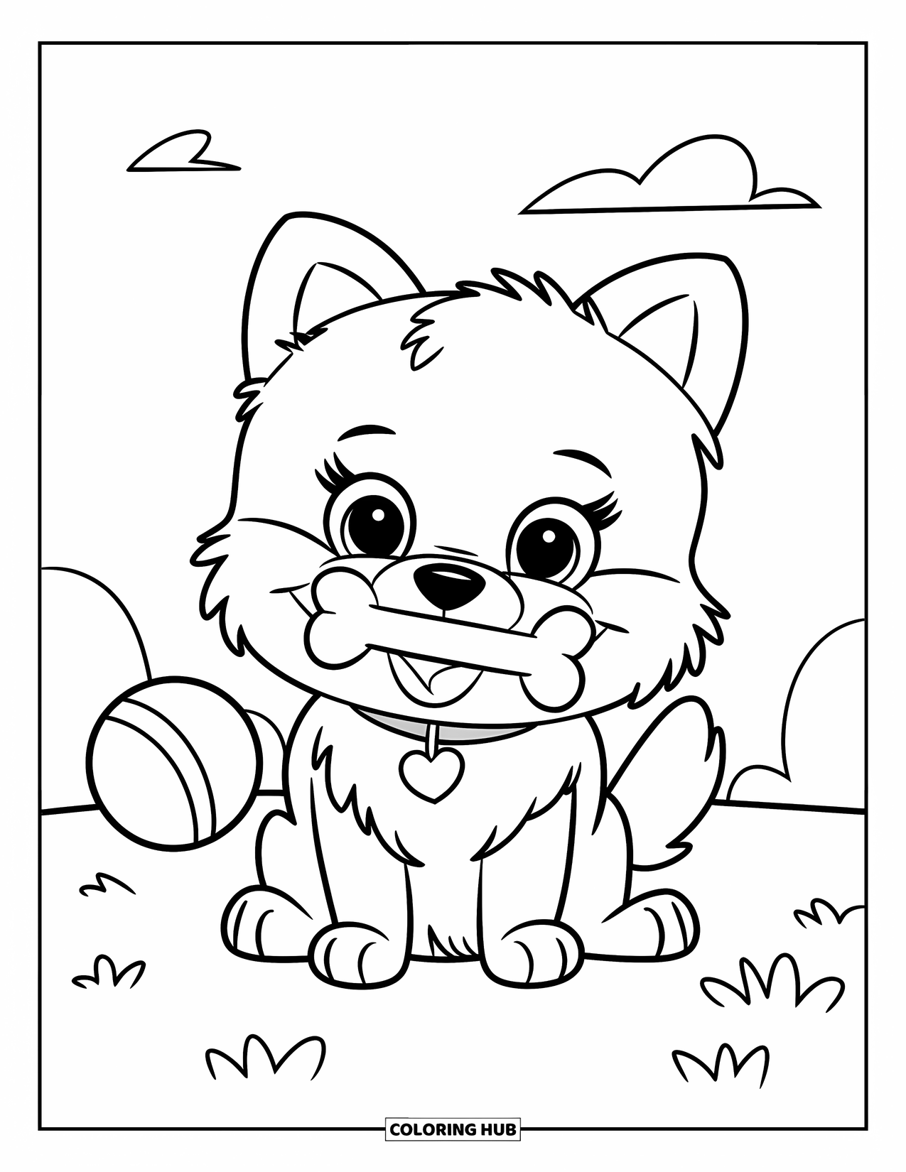 Pomeranian Coloring Page for Kids: Pomeranian puppy with a pink collar holds a ball and bone on a sunny day