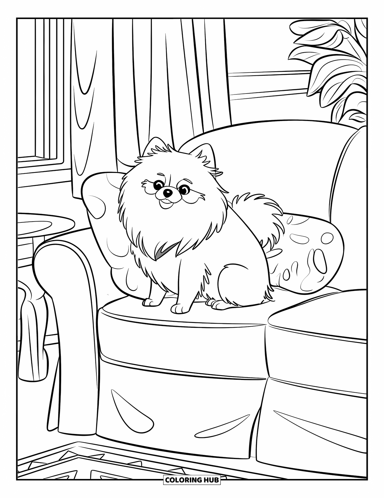 Pomeranian Coloring Page for Kids: Pomeranian rests on a couch beside a soft pillow in a cozy room