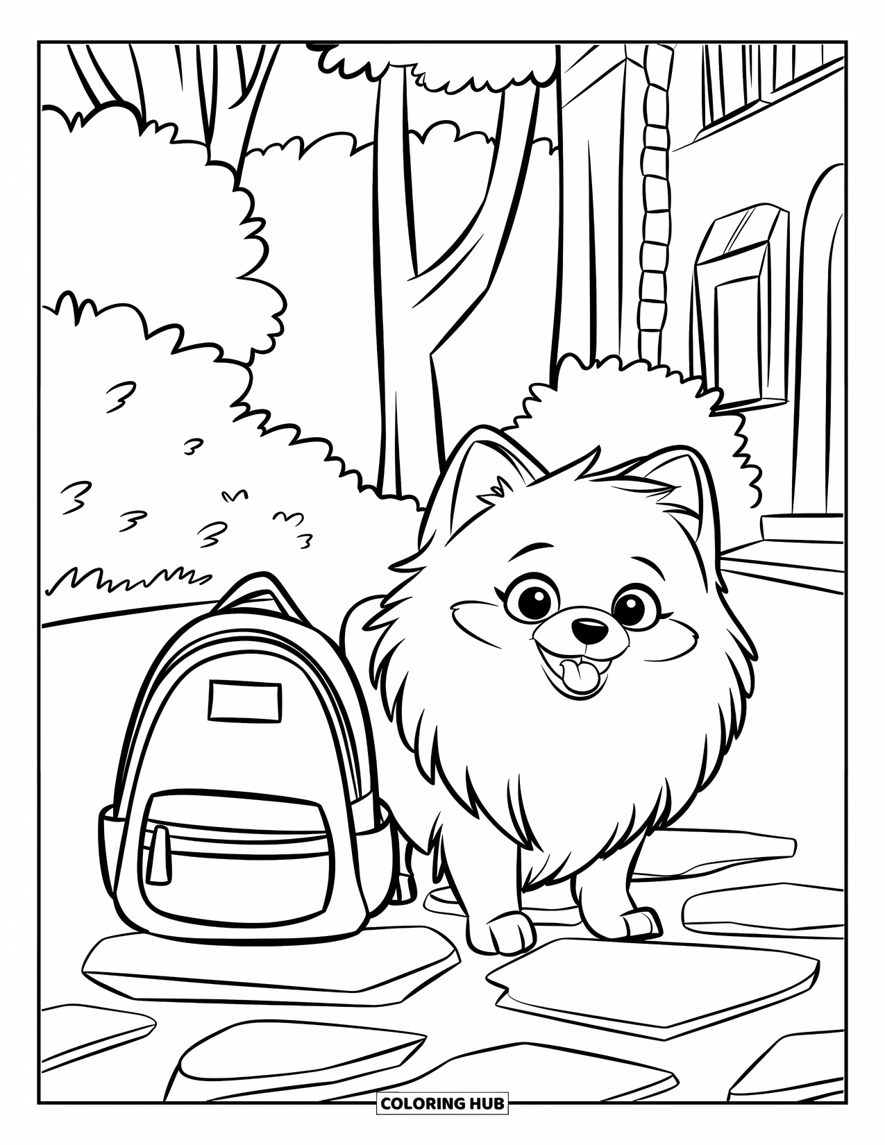 Pomeranian Coloring Page for Kids: Pomeranian stands beside a backpack on a stone path near a building