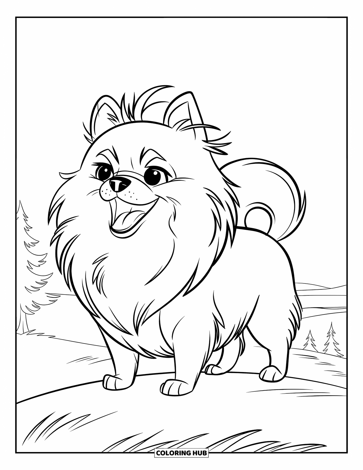 Pomeranian Coloring Page for Kids: Pomeranian stands proudly on a grassy hill with a big breeze