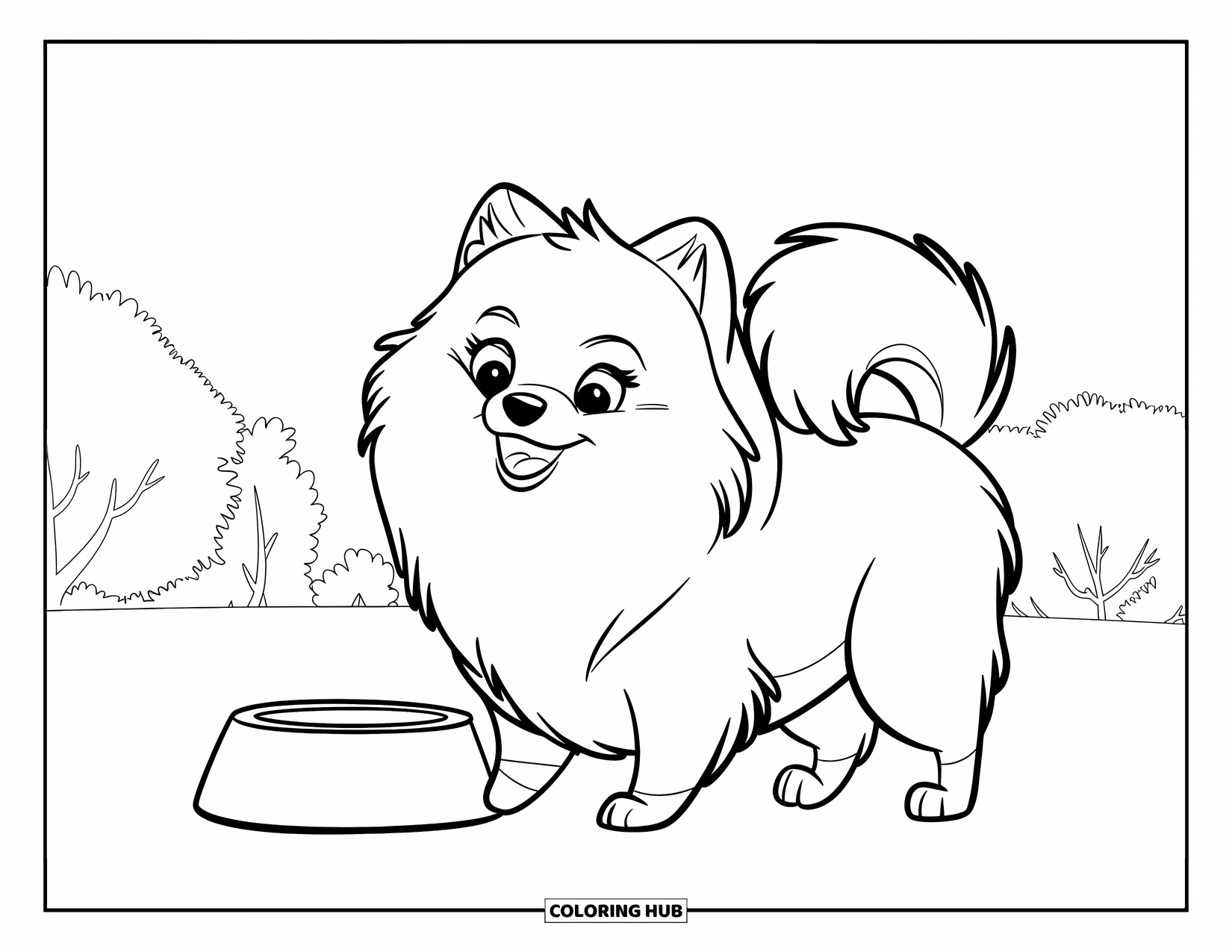 Pomeranian Coloring Page for Kids: Pomeranian wags its tail beside a food bowl on the grass