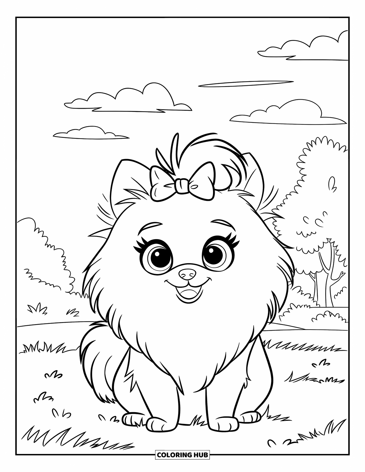 Pomeranian Coloring Page for Kids: Pomeranian with a bow sits on the grass under a sky with clouds