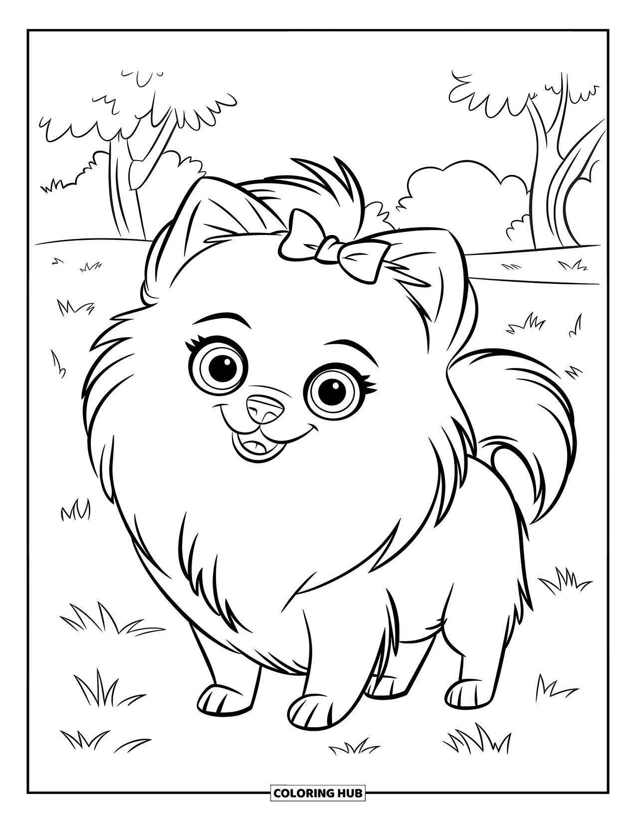 Pomeranian Coloring Page for Kids: Pomeranian with a bow stands on the grass with trees nearby