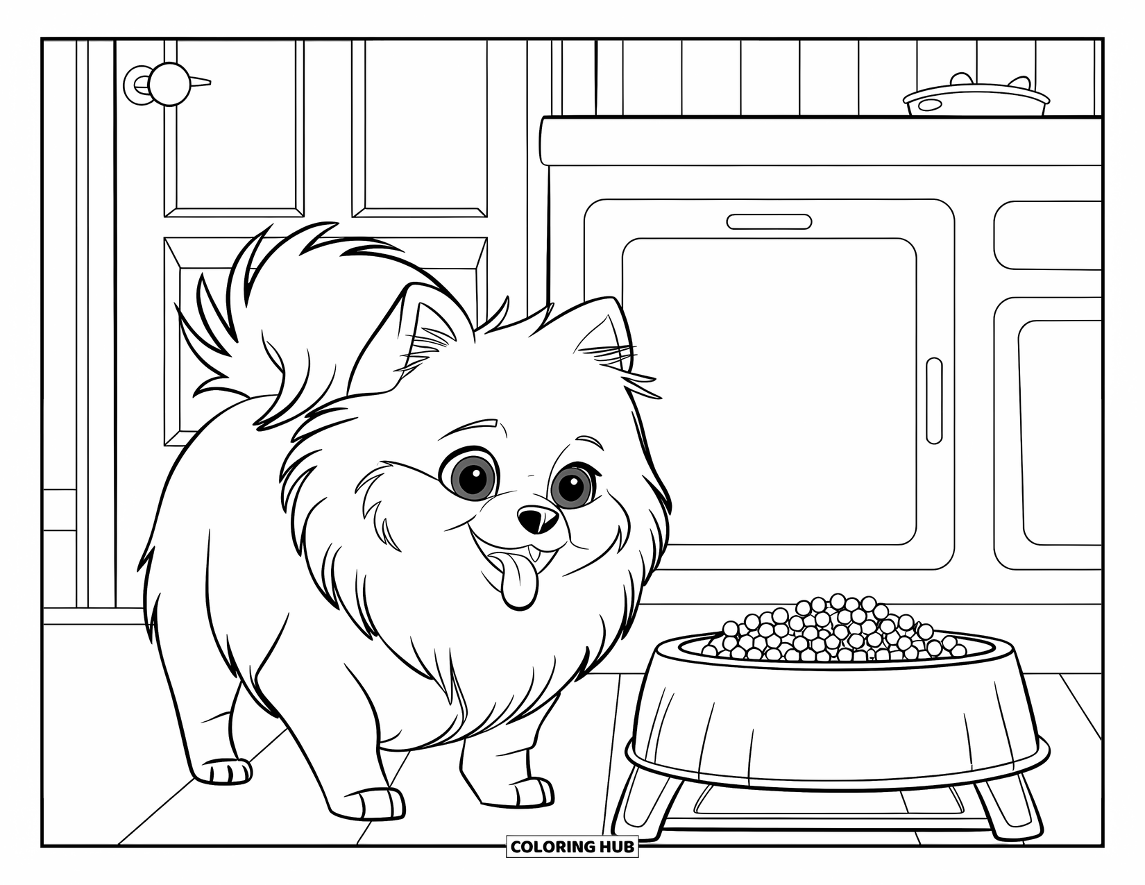 Pomeranian Coloring Page for Kids: Pomeranian with blue eyes stands near a full food bowl in the kitchen