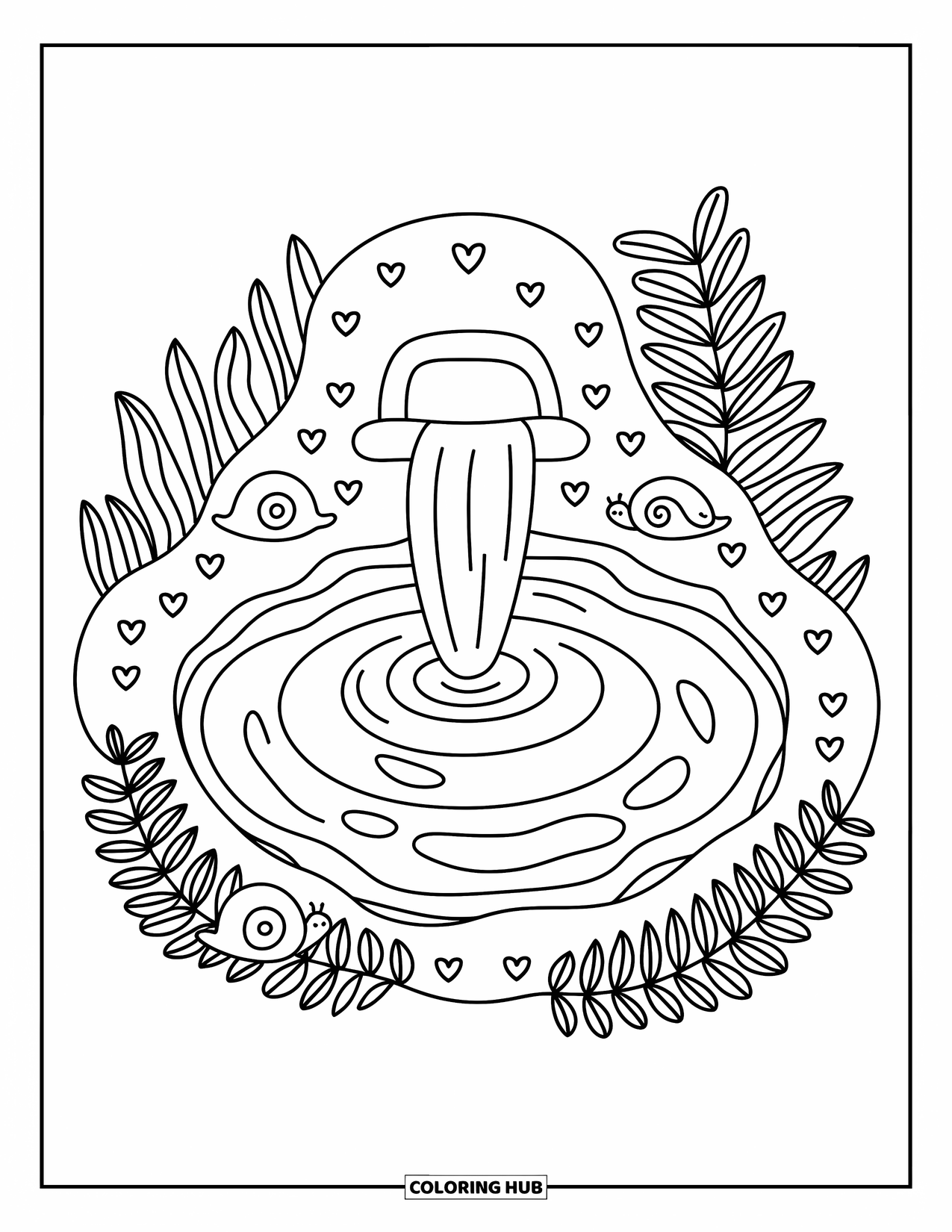 Pond Coloring Page for Adults: A pond with stone steps and a wooden bridge, filled with lotus blooms and koi
