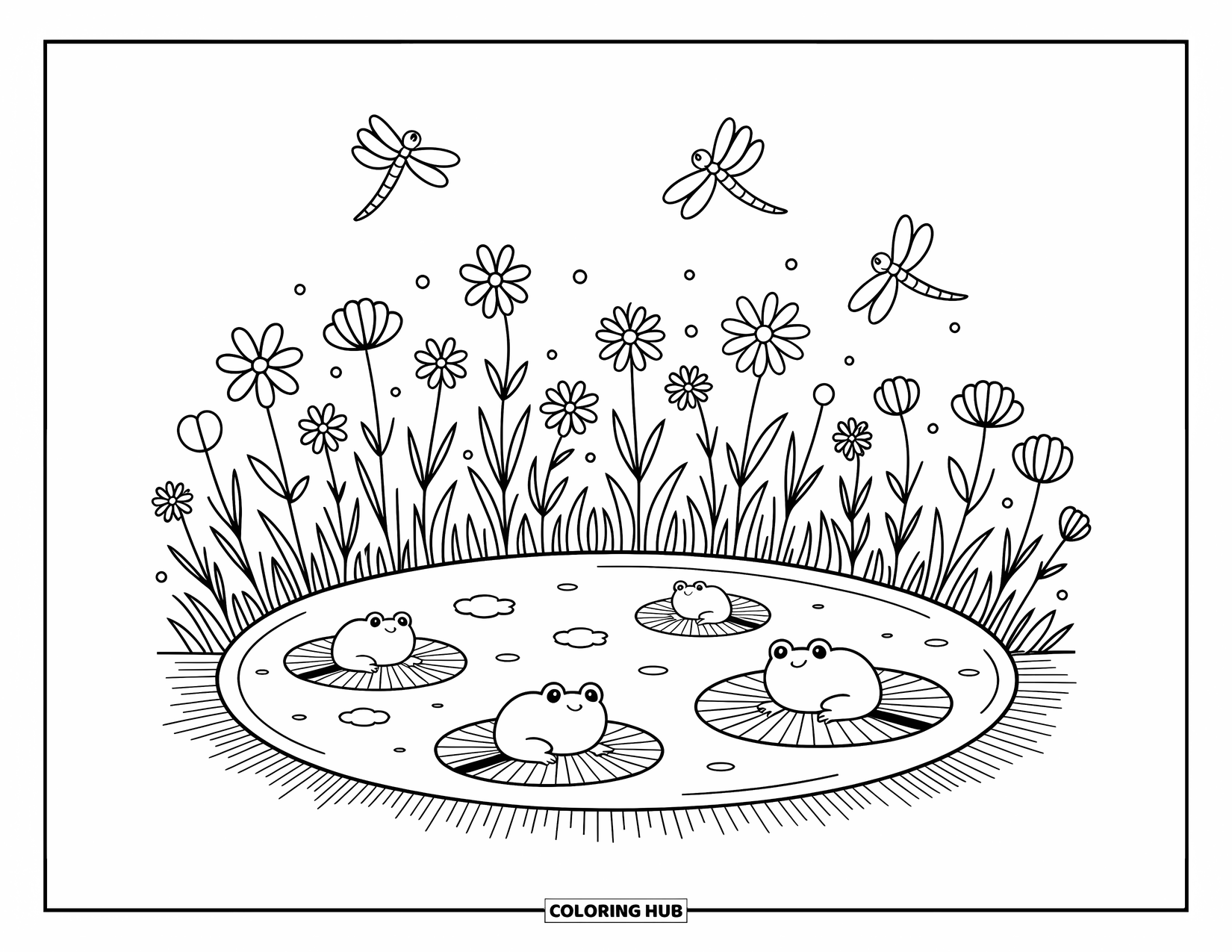 Pond Coloring Page for Adults: A round pond with frogs on lily pads, wildflowers leaning in, and dragonflies above