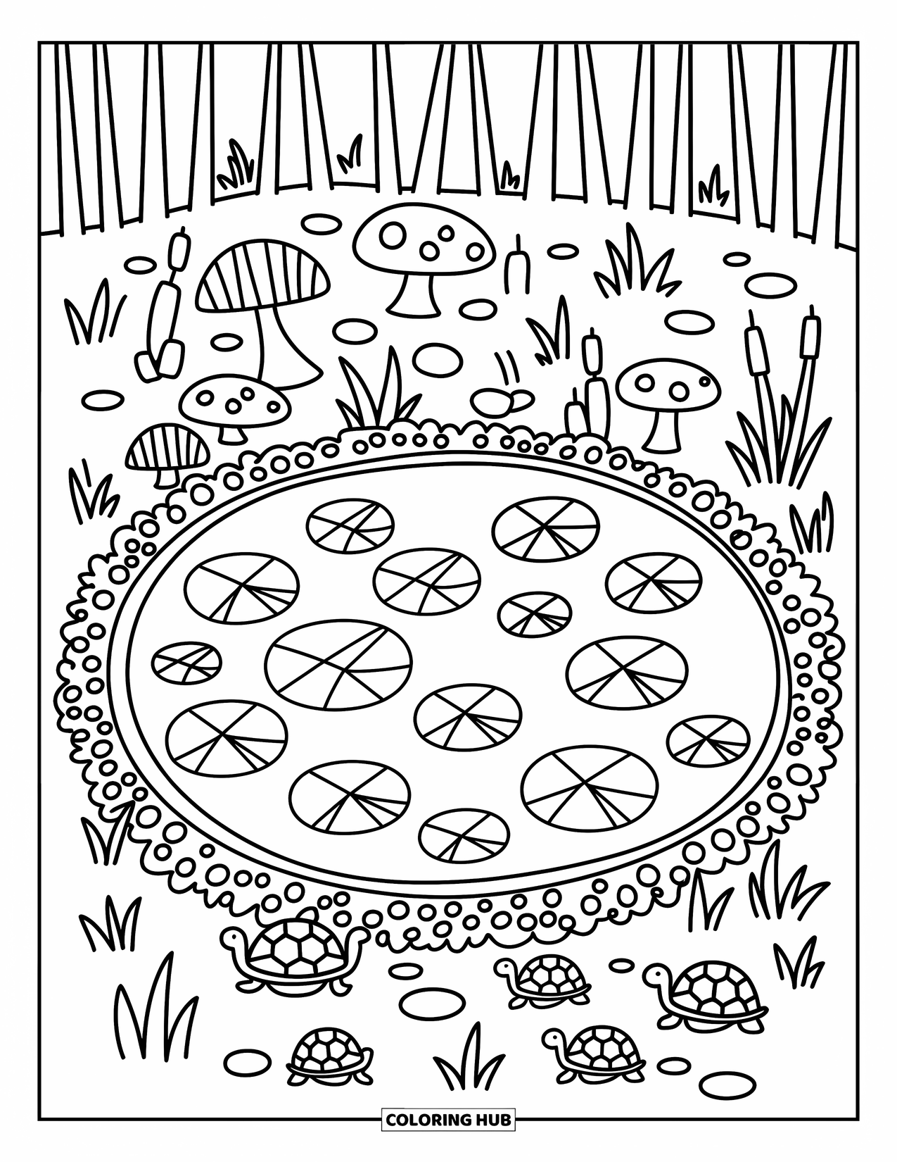 Pond Coloring Page for Adults: A small pond beneath a waterfall, with swirling ripples, moss, ferns, and sleepy snails