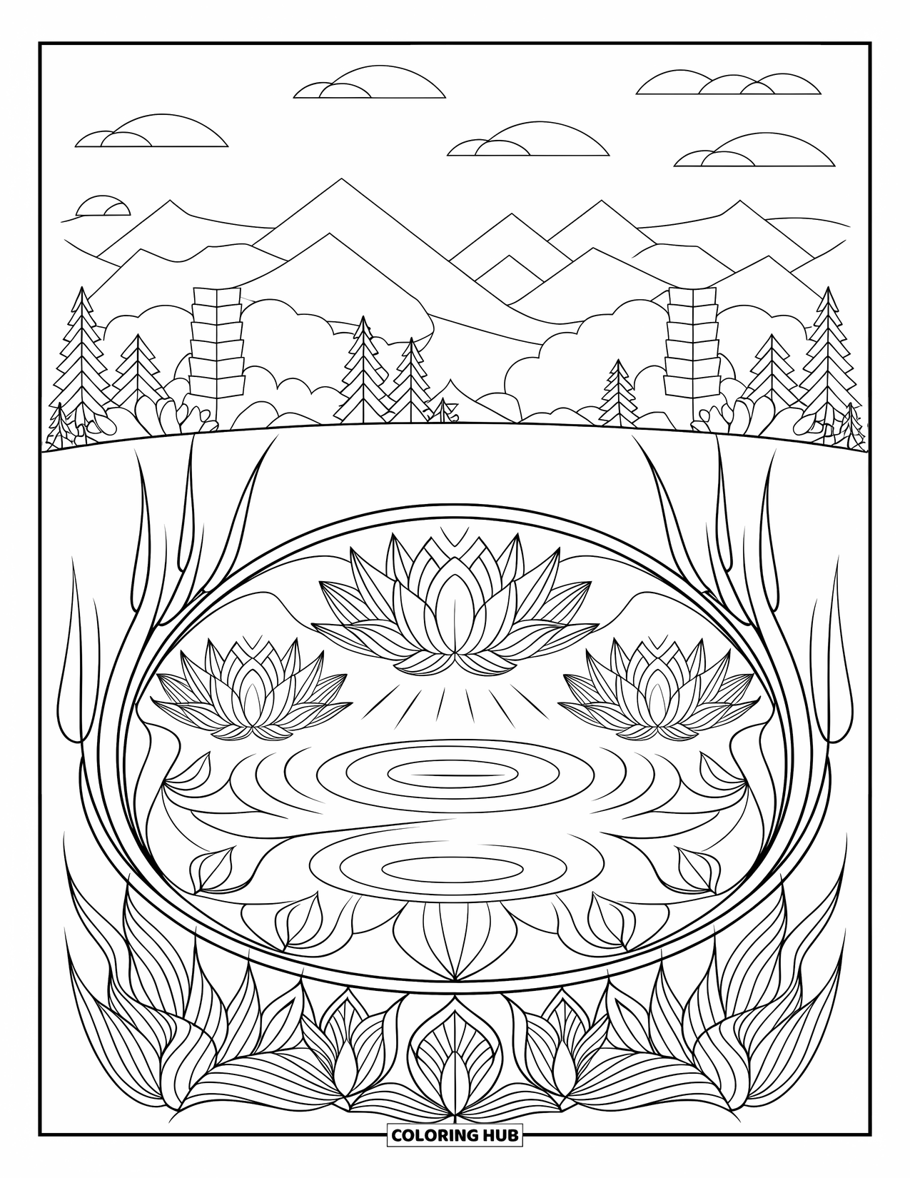 Pond Coloring Page for Adults: Botanical mandala surrounds a round pond, with mountains, lotus, reeds, and a soft sky