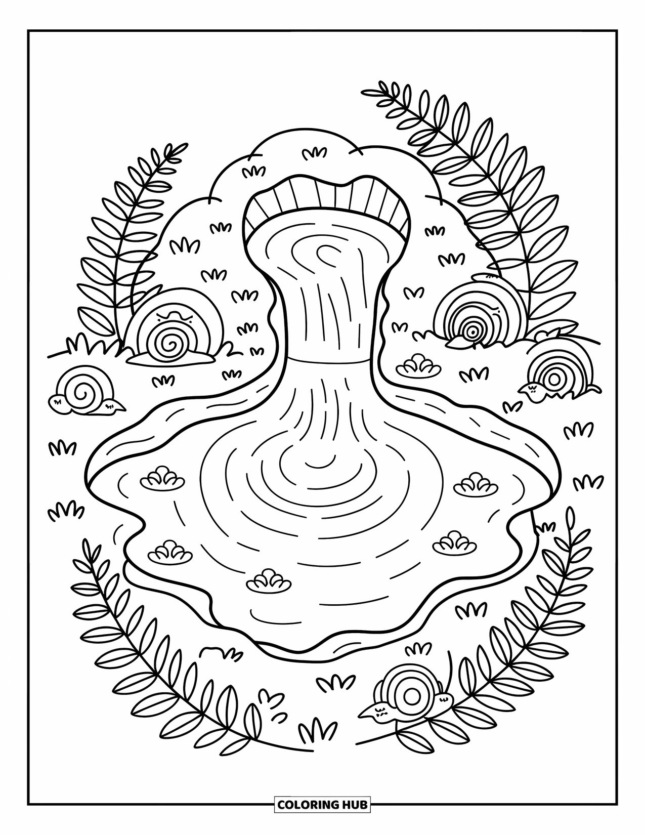 Pond Coloring Page for Adults: Bridge over a pond with swimming koi, floating flowers, and insects resting on rocks