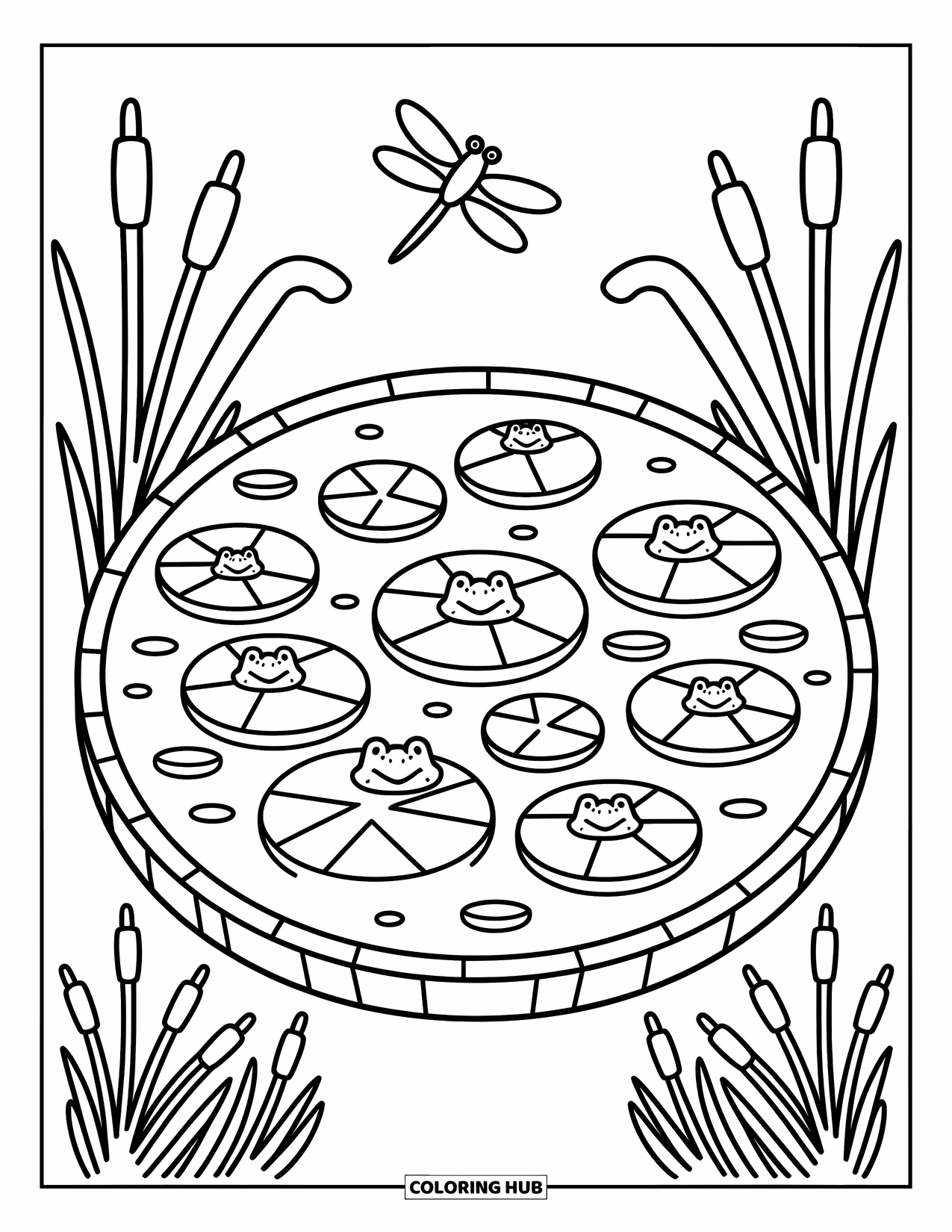 Pond Coloring Page for Adults: Circular pond with frogs on lily pads, soft flowers, cattails, and a peaceful dragonfly