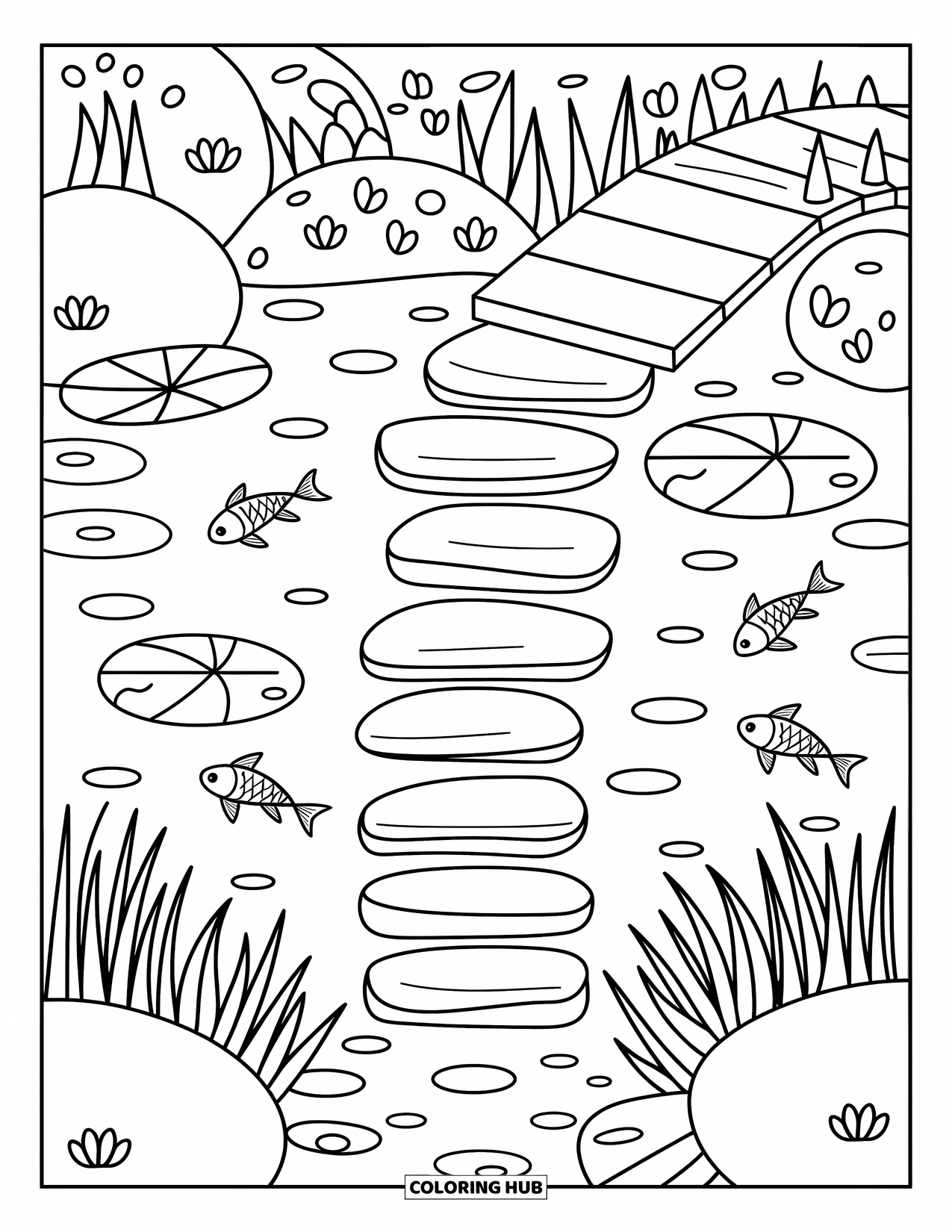 Pond Coloring Page for Adults: Frogs relax on lily pads in a calm pond surrounded by cattails and flowers