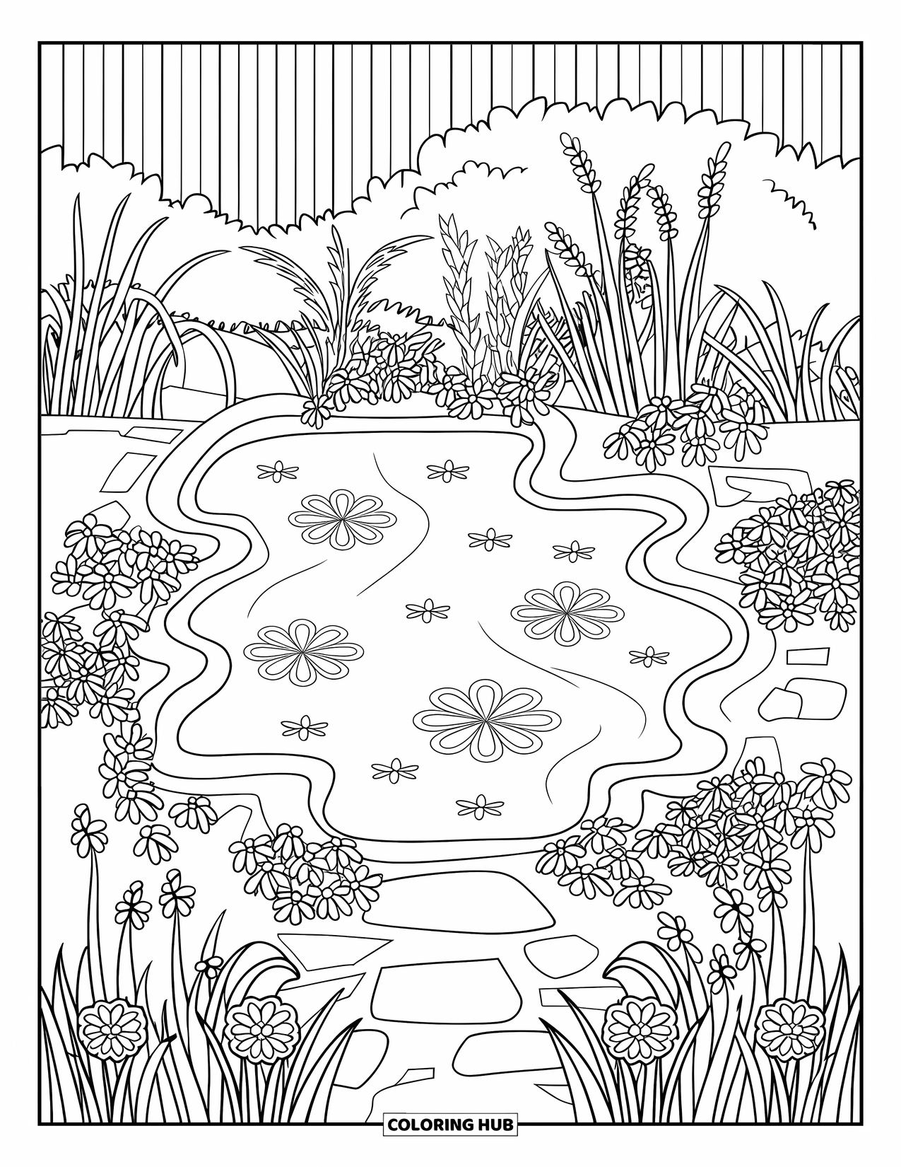 Pond Coloring Page for Adults: Garden pond with flowers, grasses, and trees, plus a stone path and wooden fence