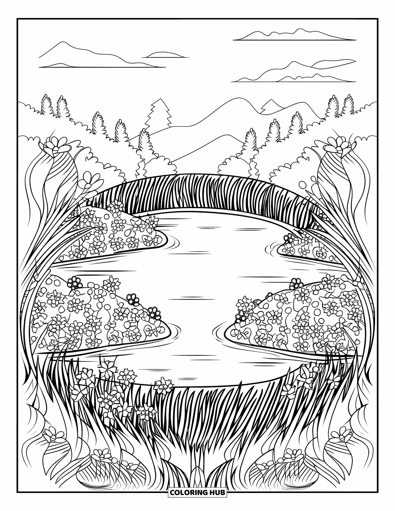 Pond Coloring Page for Adults: Peaceful pond in a grass mandala, surrounded by flowers, trees, and soft cloudy skies
