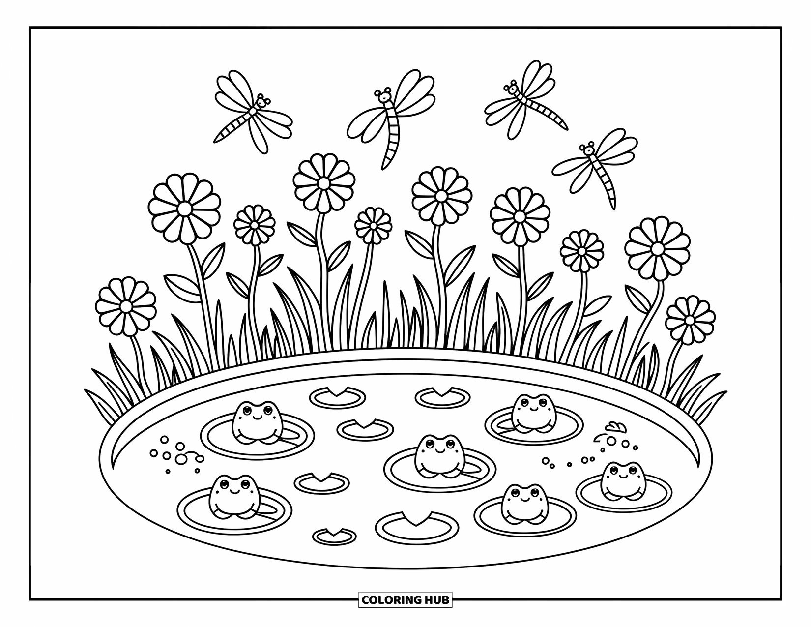 Pond Coloring Page for Adults: Peaceful pond with island bridges, cozy trees, lily pads, and curious little turtles nearby
