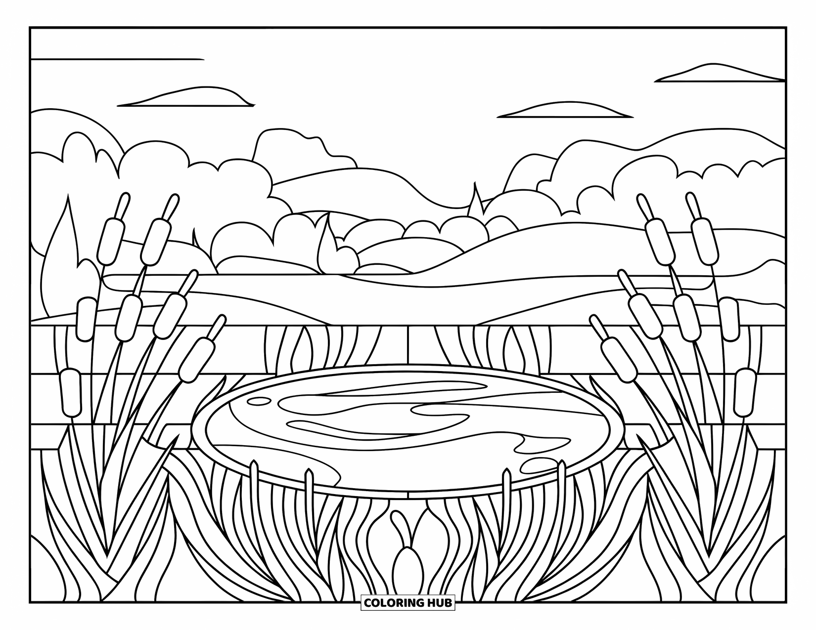 Pond Coloring Page for Adults: Round pond framed by stained glass cattails, with mountains, trees, and a calm sky
