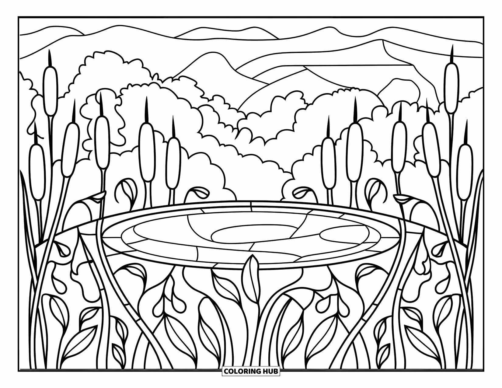 Pond Coloring Page for Adults: Round pond with stained glass-style cattails, surrounded by trees and mountain scenery