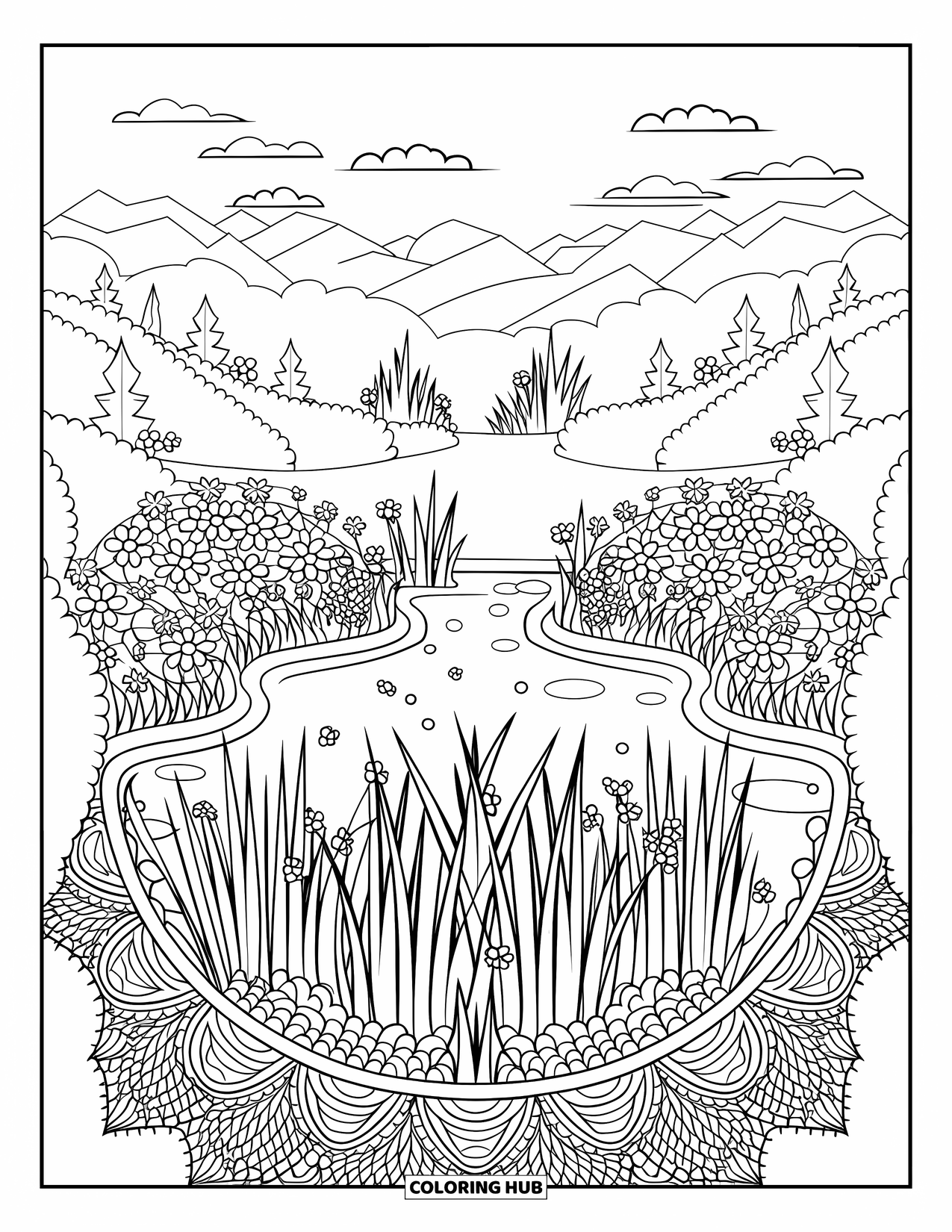 Pond Coloring Page for Adults: Serene pond surrounded by water grasses, floral banks, and a mountain landscape