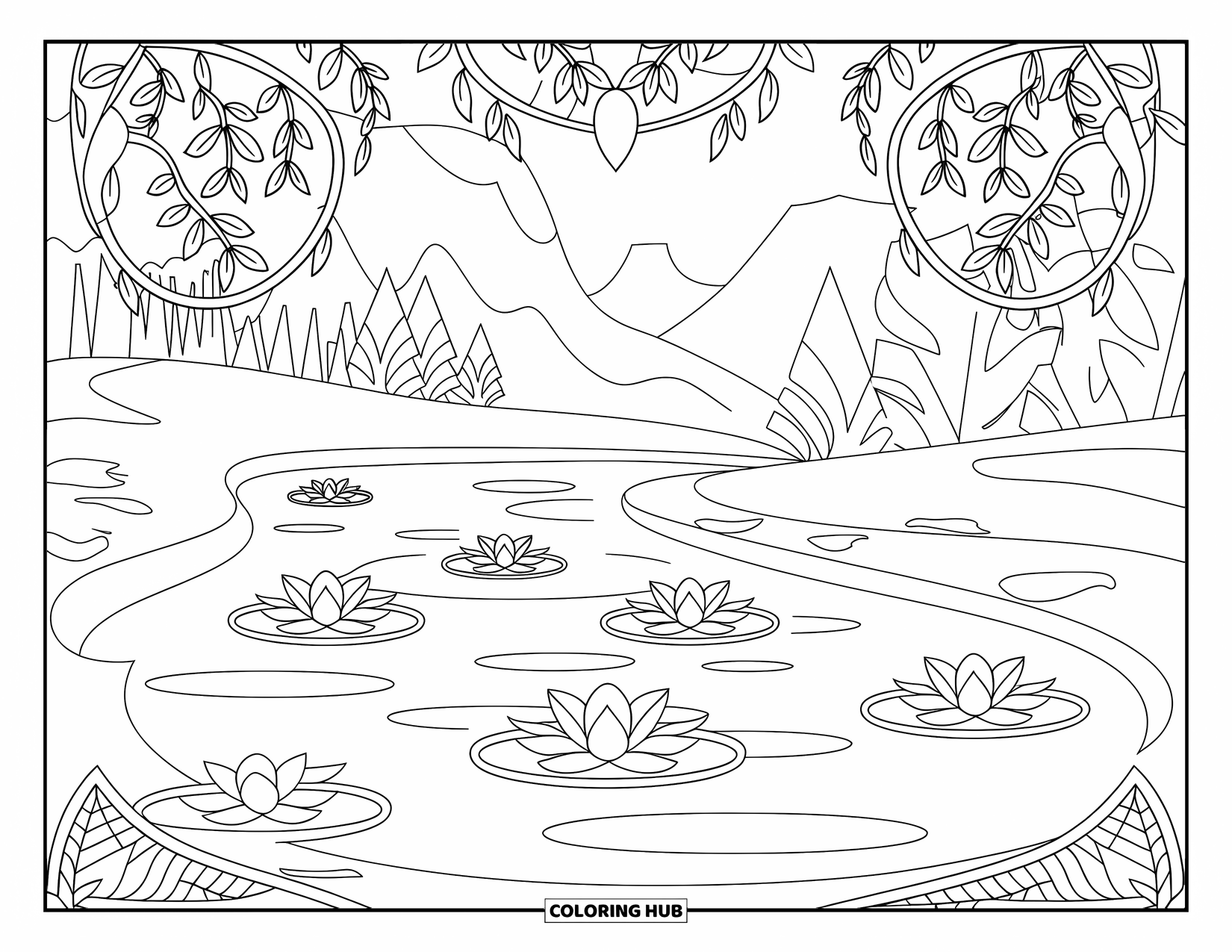 Pond Coloring Page for Adults: Softly rippling pond with lotus flowers, framed by vines and a peaceful mountain path