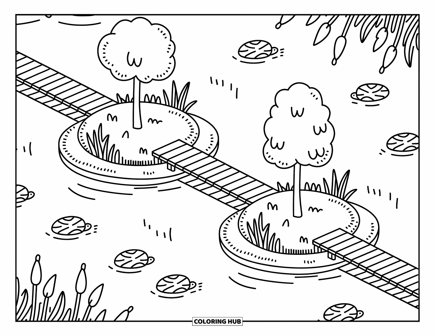 Pond Coloring Page for Adults: Tiny turtles sunbathe by a forest pond surrounded by mushrooms, cattails, and soft lily pads