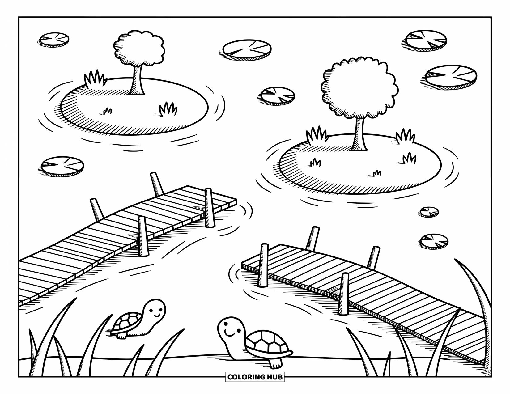 Pond Coloring Page for Adults: Woodland pond surrounded by cattails and mushrooms, with turtles lounging on the pebbled edge