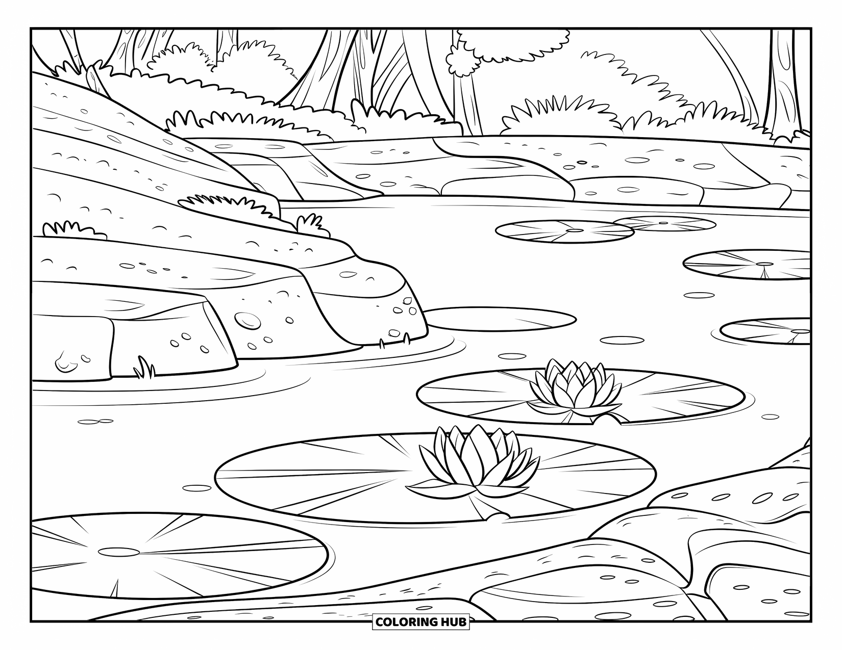 Pond Coloring Page for Kids: A calm pond curves gently with large lilies and soft rocks along the shoreline