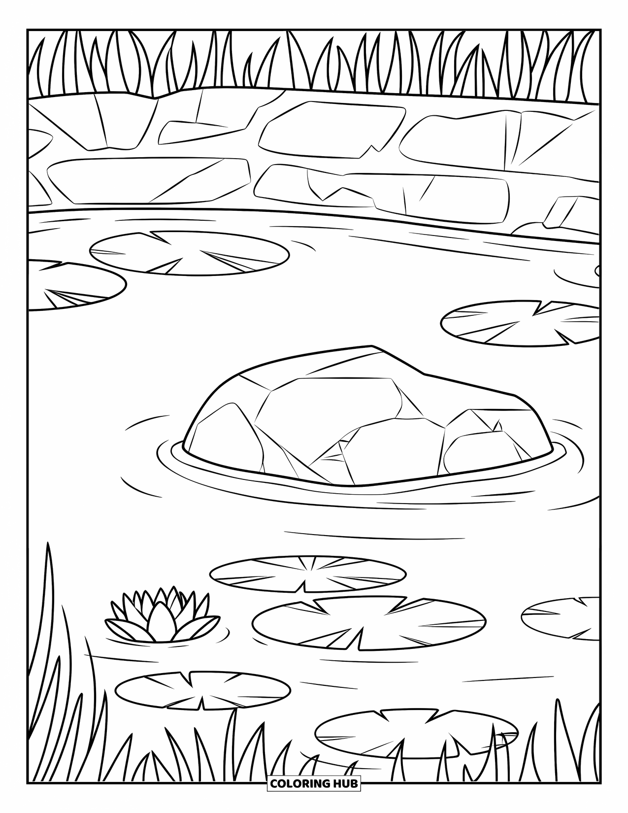 Pond Coloring Page for Kids: A calm pond holds a large rock and lily pad with white space all around