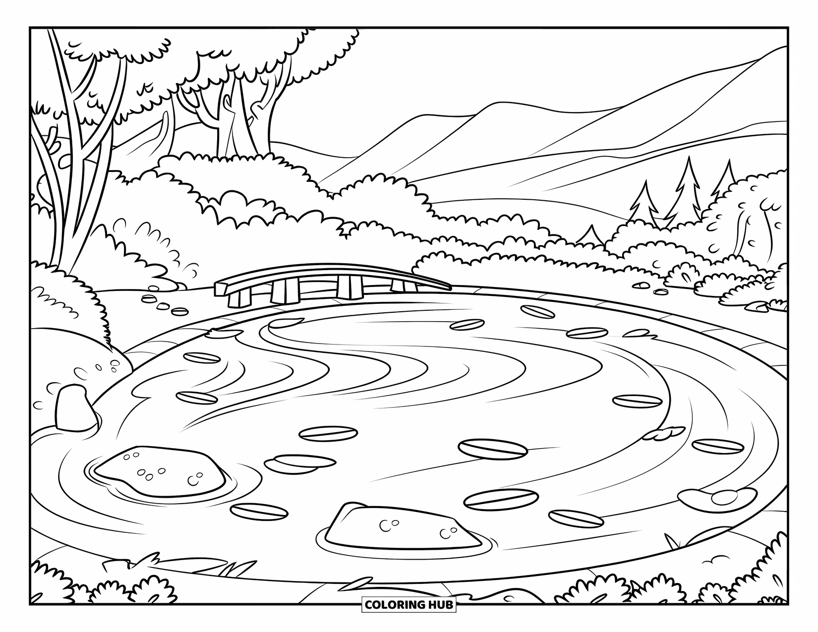 Pond Coloring Page for Kids: A cozy pond with gentle waves sits beneath a wooden bridge and mountain backdrop