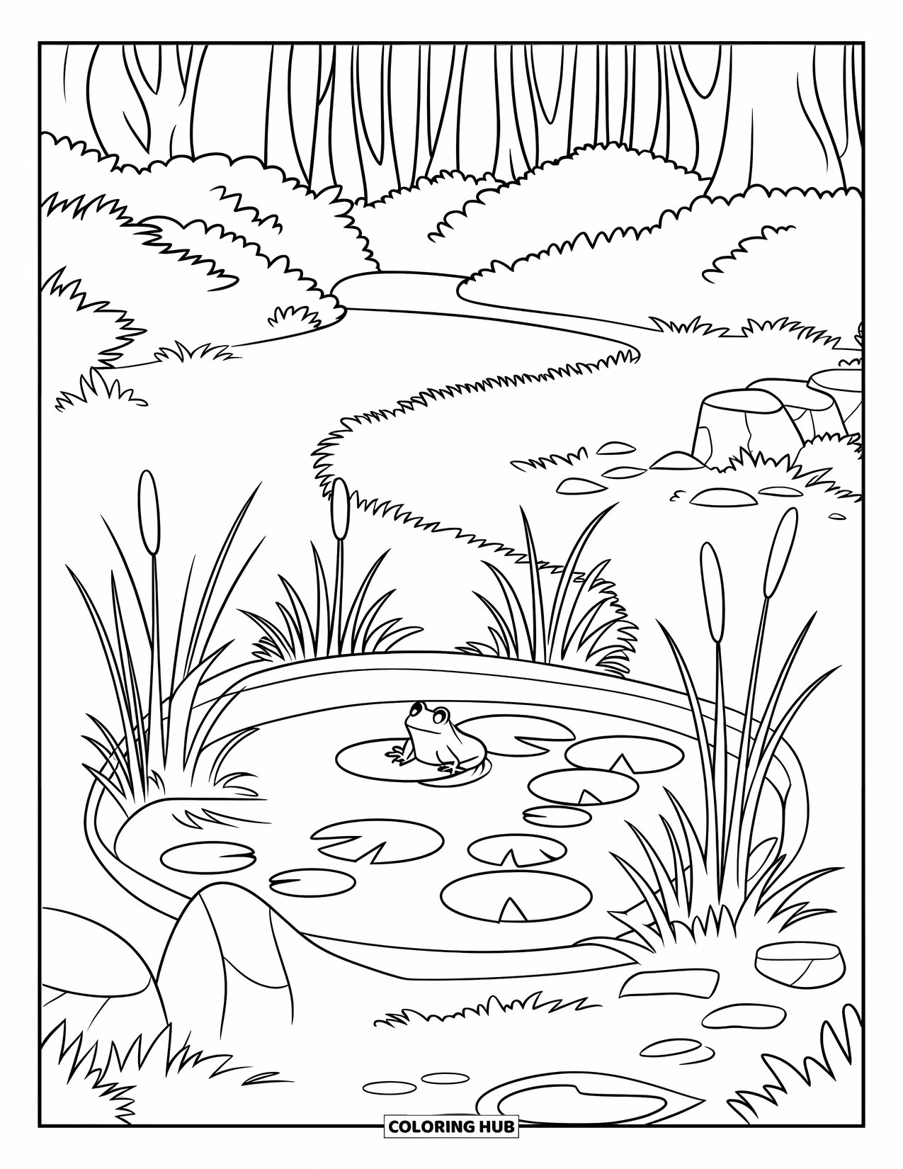 Pond Coloring Page for Kids: A frog sits on a lily pad in a pond with reeds and forest stones