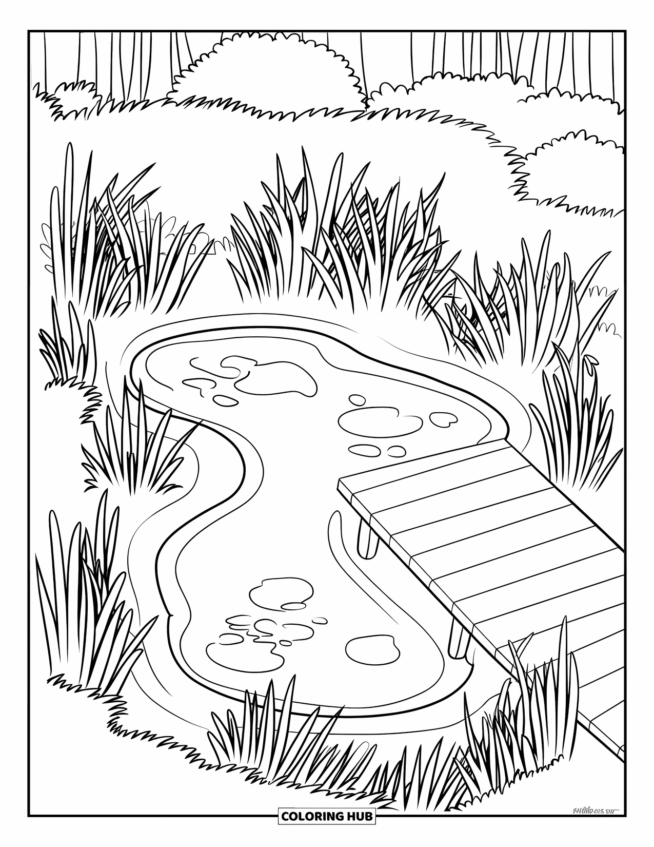 Pond Coloring Page for Kids: A natural pond with tall grasses and reeds sits beside a wooden dock and trees