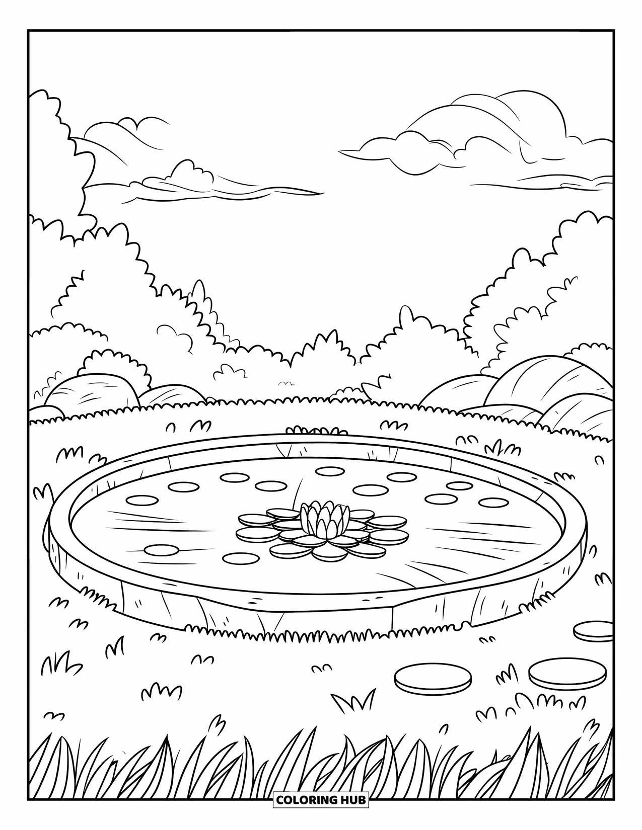 Pond Coloring Page for Kids: A peaceful pond with a lily pad is surrounded by grass, rocks, and clouds