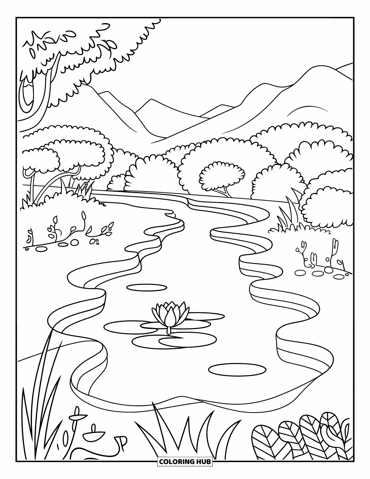Pond Coloring Page for Kids: A peaceful wavy pond holds one lily in a forest landscape with mountains behind