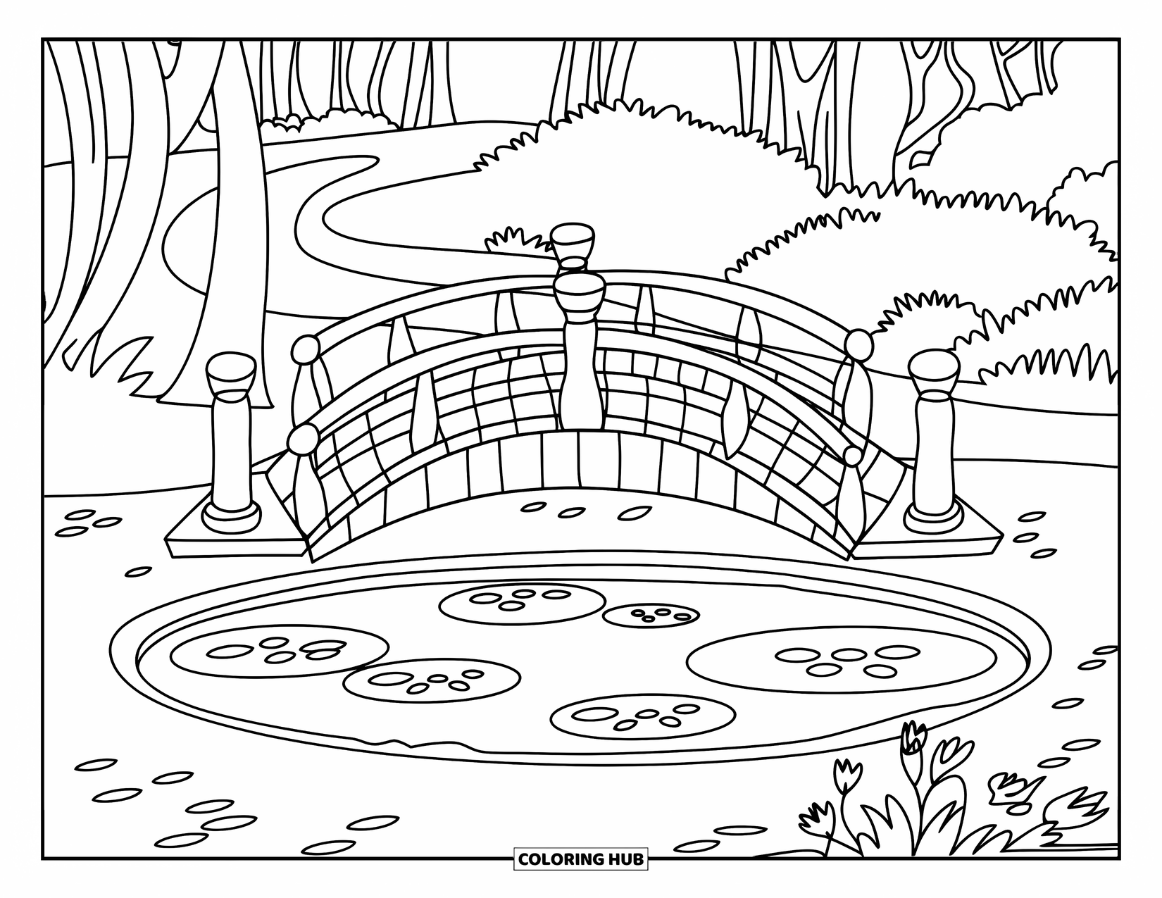 Pond Coloring Page for Kids: A railing-topped bridge stretches over a lily-filled pond with a winding forest path