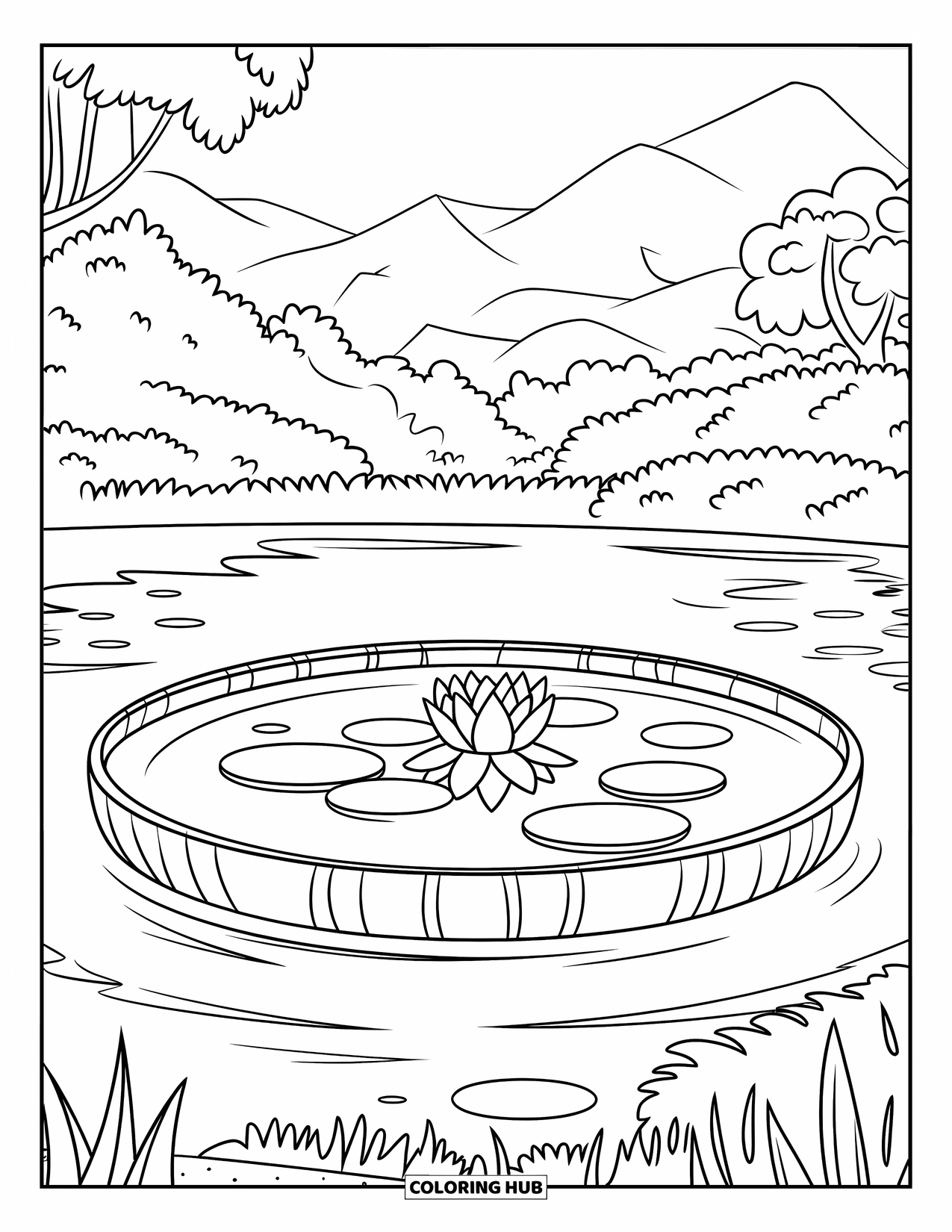 Pond Coloring Page for Kids: A round pond with a lily pad floats gently under trees and mountains