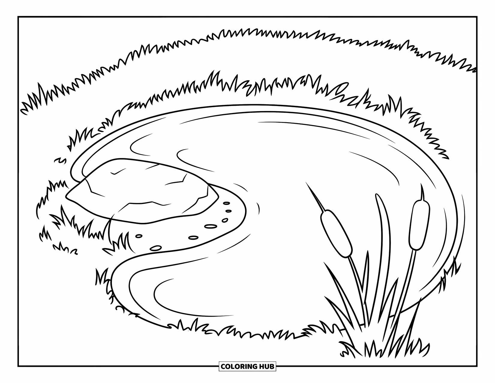Pond Coloring Page for Kids: A round pond with cattails and a rock rests quietly in a grassy field