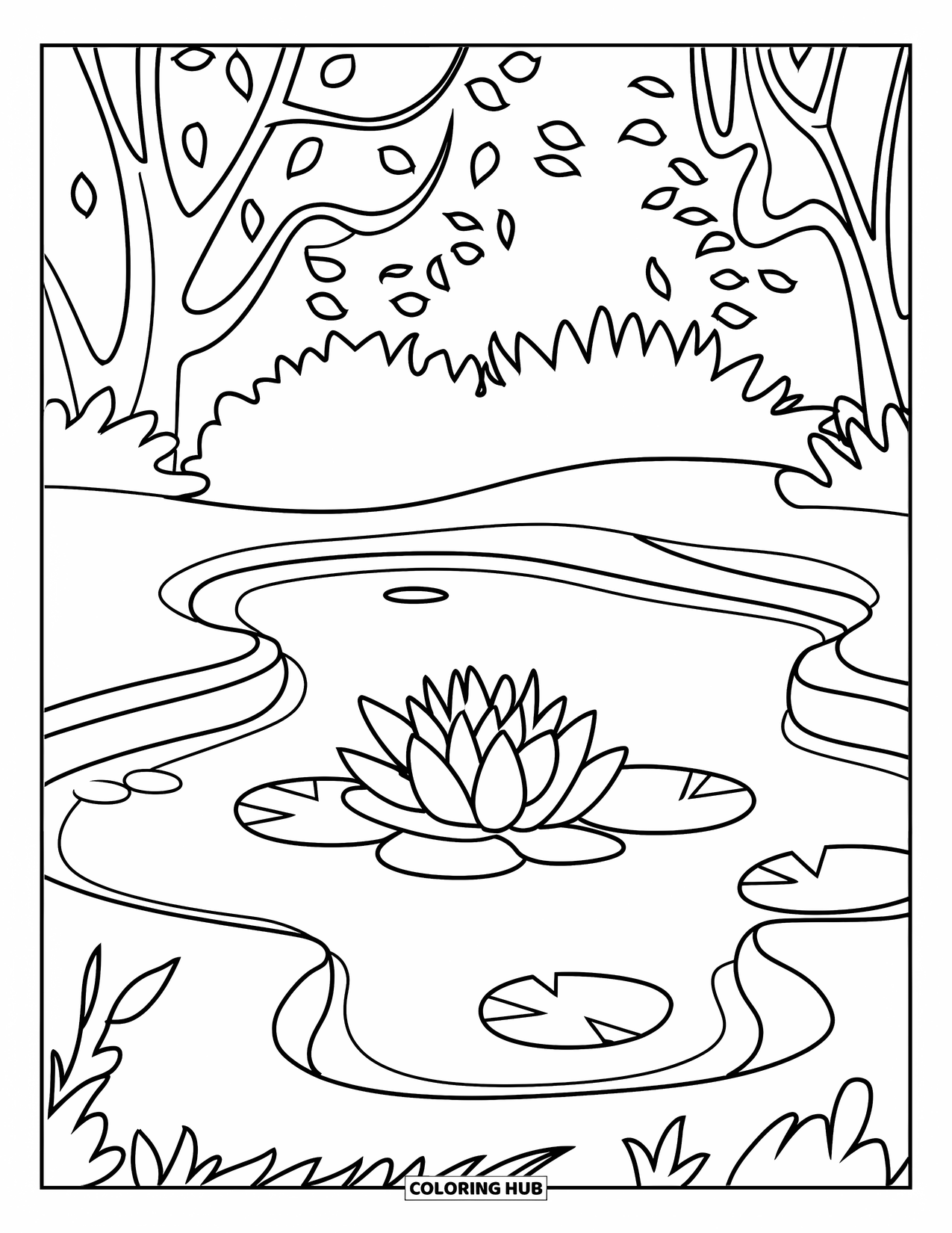 Pond Coloring Page for Kids: A single lily floats on a wavy pond beside trees with big, simple leaves