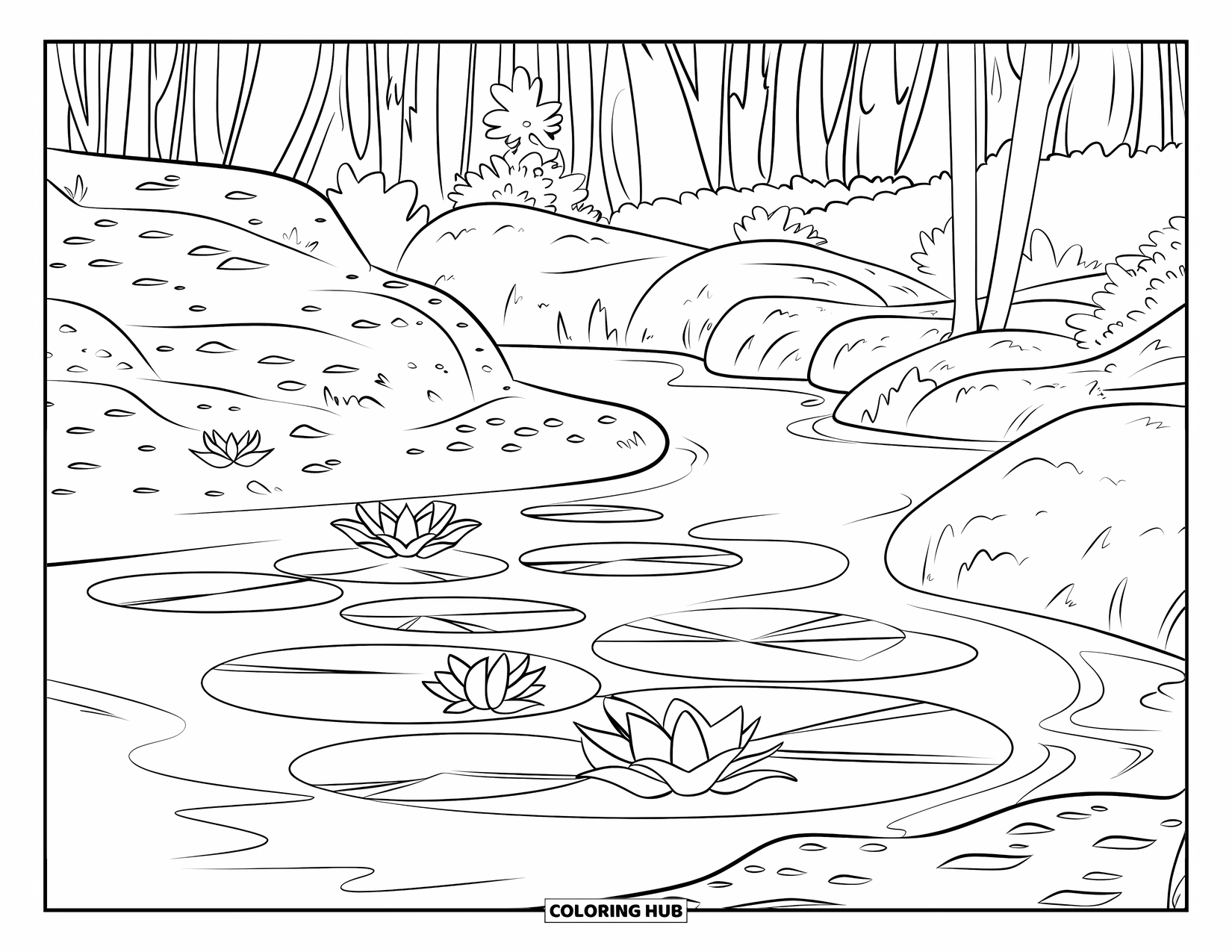 Pond Coloring Page for Kids: A twisty pond with lilies and trees creates a serene forest atmosphere