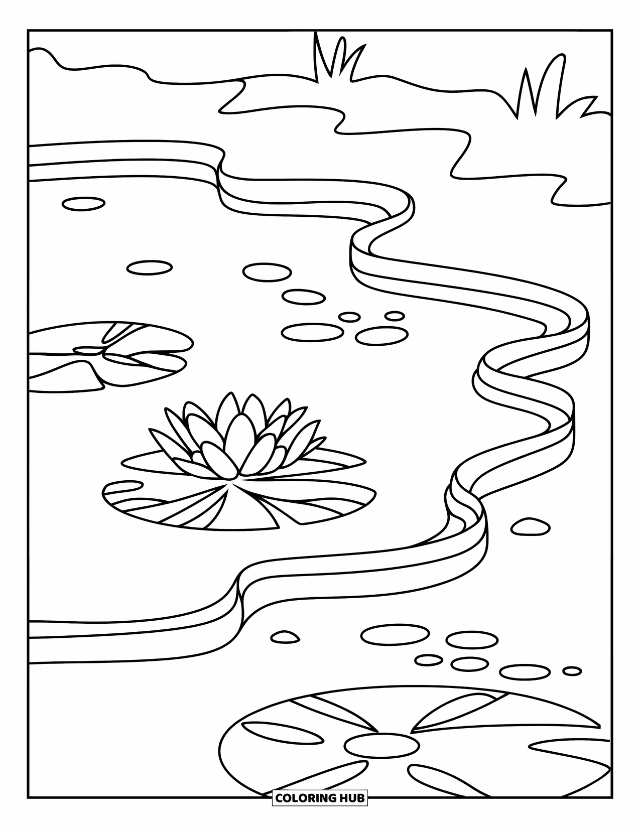 Pond Coloring Page for Kids: A wavy pond with one lily pad reflects softly with lots of room to color