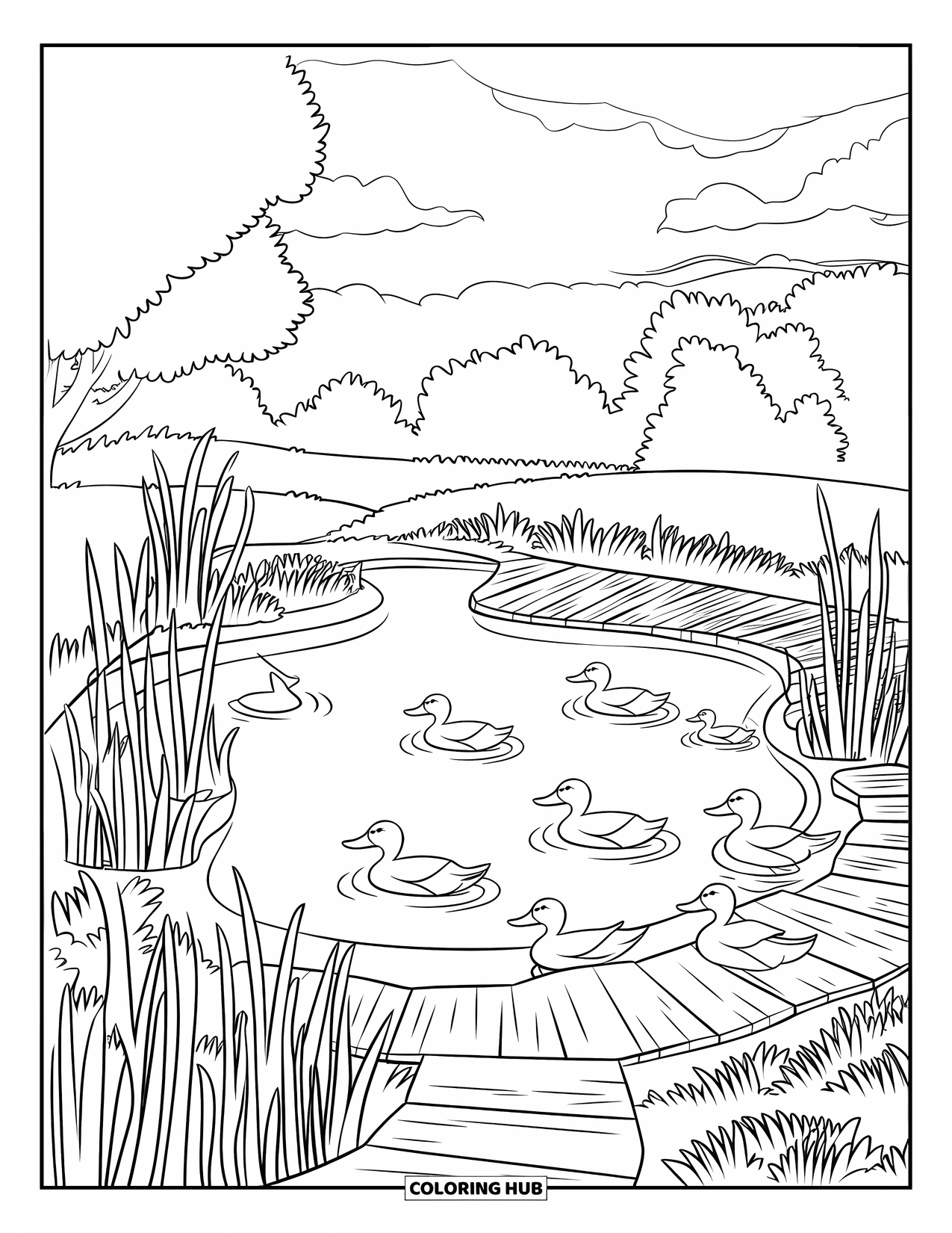 Pond Coloring Page for Kids: A wooden boardwalk wraps around a pond where ducks swim and rest