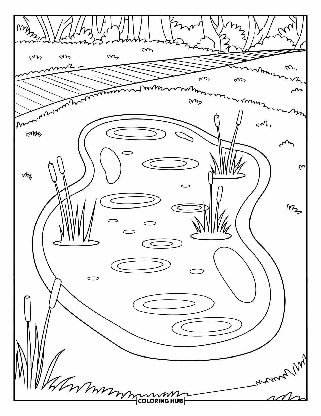 Pond Coloring Page for Kids: A wooden walkway surrounds a bean-shaped pond with cattails and a grassy field