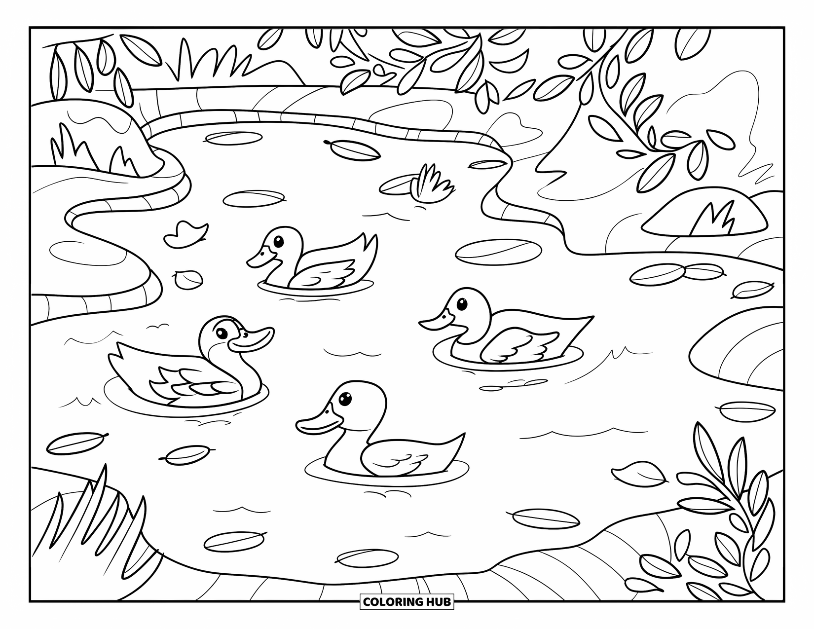 Pond Coloring Page for Kids: Ducks float in a cozy pond with soft waves, rocks, and floating leaves