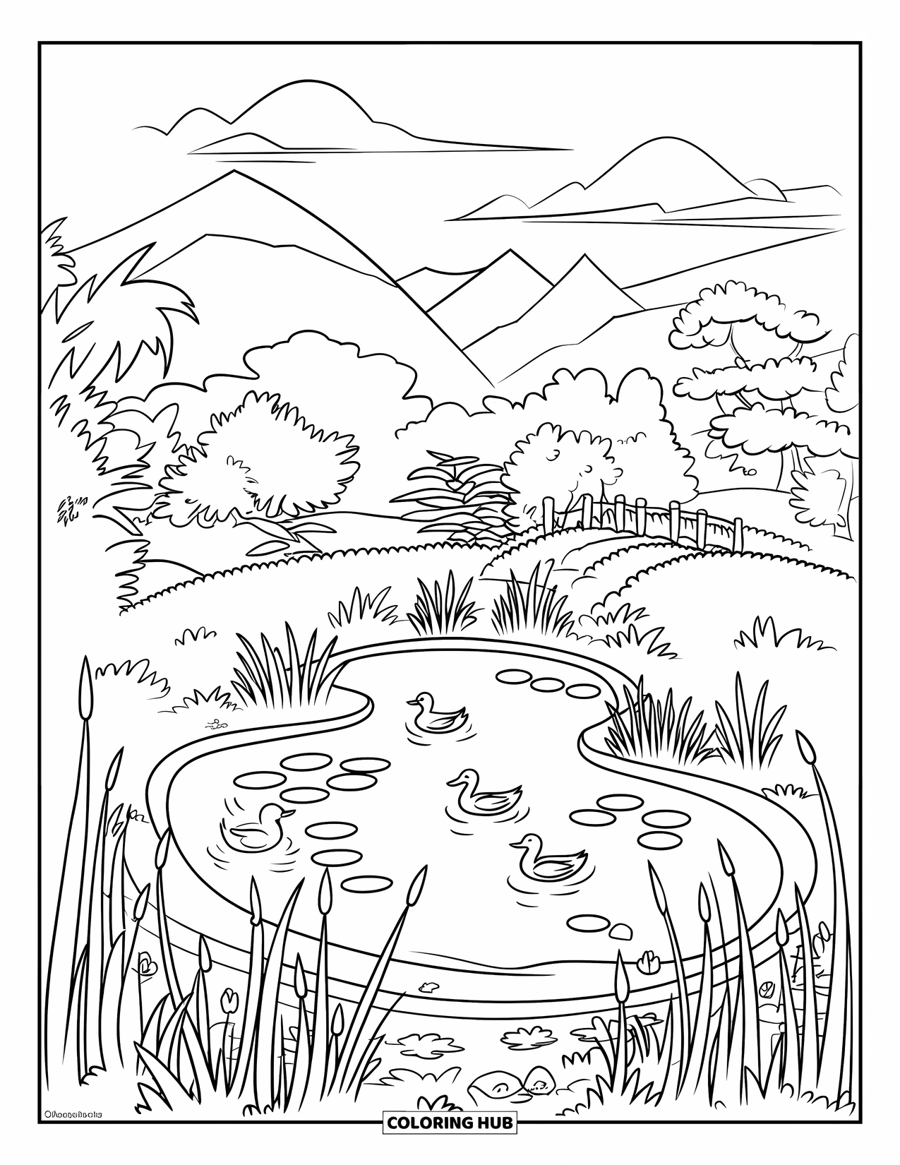 Pond Coloring Page for Kids: Ducks swim in a grassy pond with a small bridge and a mountain view