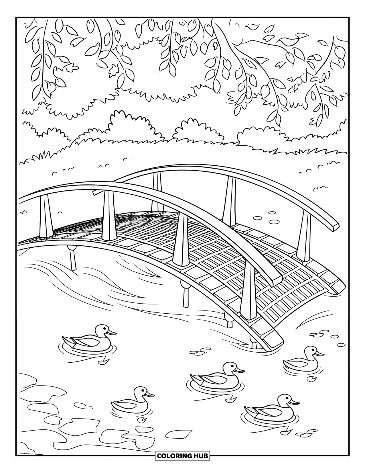 Pond Coloring Page for Kids: Ducks swim under a footbridge casting soft shadows across a peaceful pond