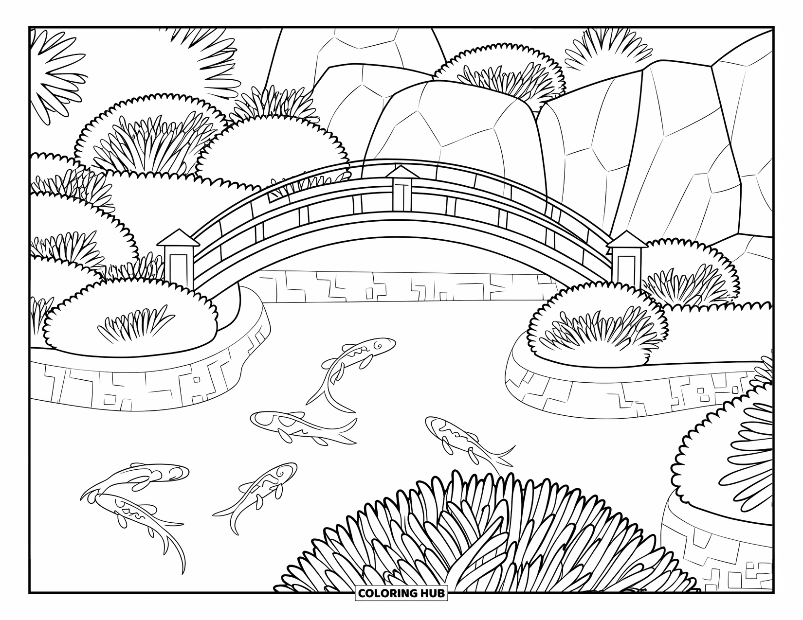 Pond Coloring Page for Kids: Koi fish swim in a quiet pond with a curved bridge and lush, rocky surroundings