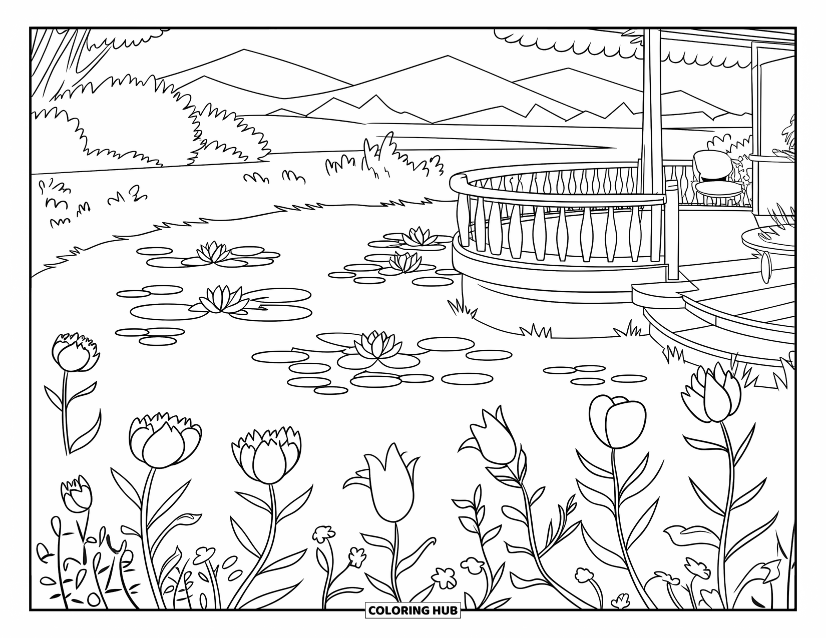 Pond Coloring Page for Kids: Lily pads and ducks float near a flower-filled deck in a pond by the mountains