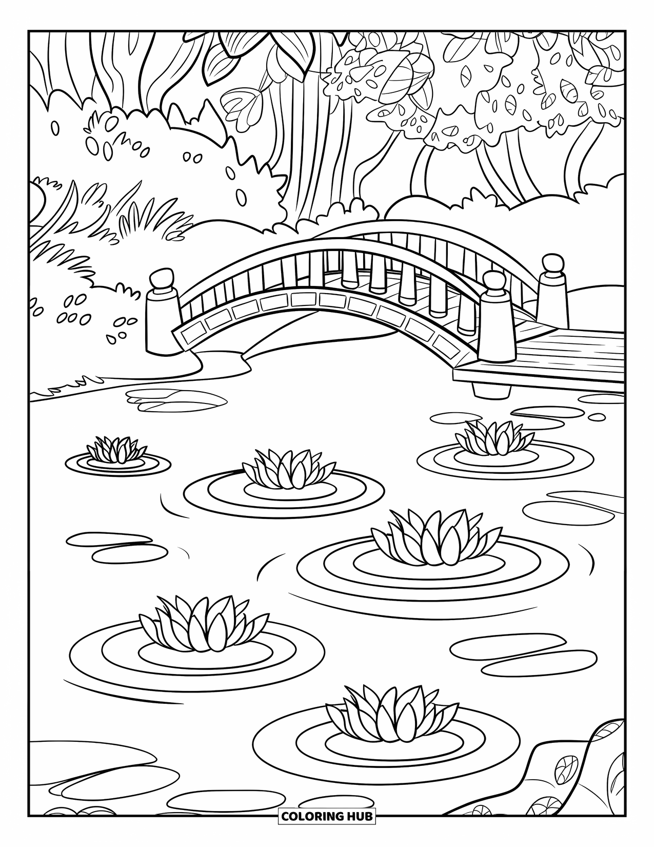Pond Coloring Page for Kids: Lotus flowers float near a bridge with stone pillars in a peaceful pond scene