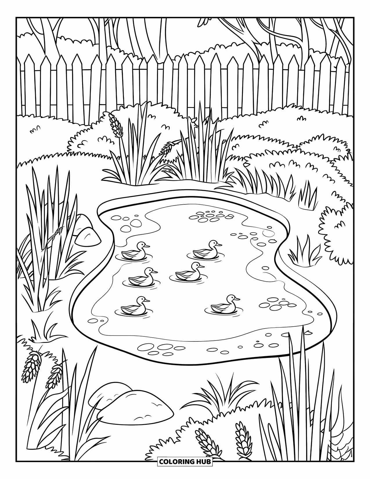 Pond Coloring Page for Kids: Reeds and ducks surround a pond bordered by a fence and leafy trees