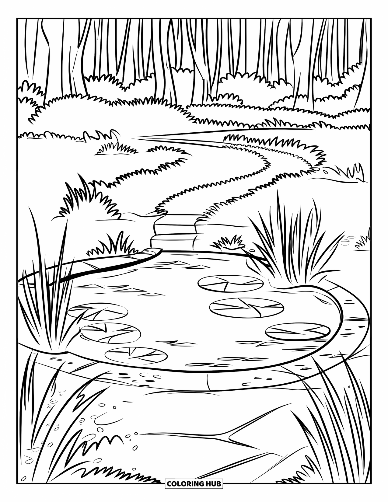 Pond Coloring Page for Kids: Steps lead to a pond with lily pads, reeds, and tall forest trees