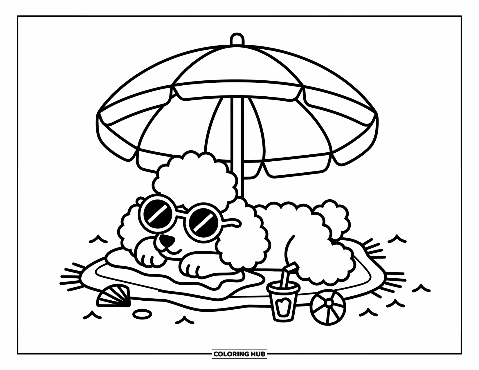 Poodle Coloring Page for Adults: A chilled-out poodle naps under an umbrella with sunglasses, a drink, and beachy details