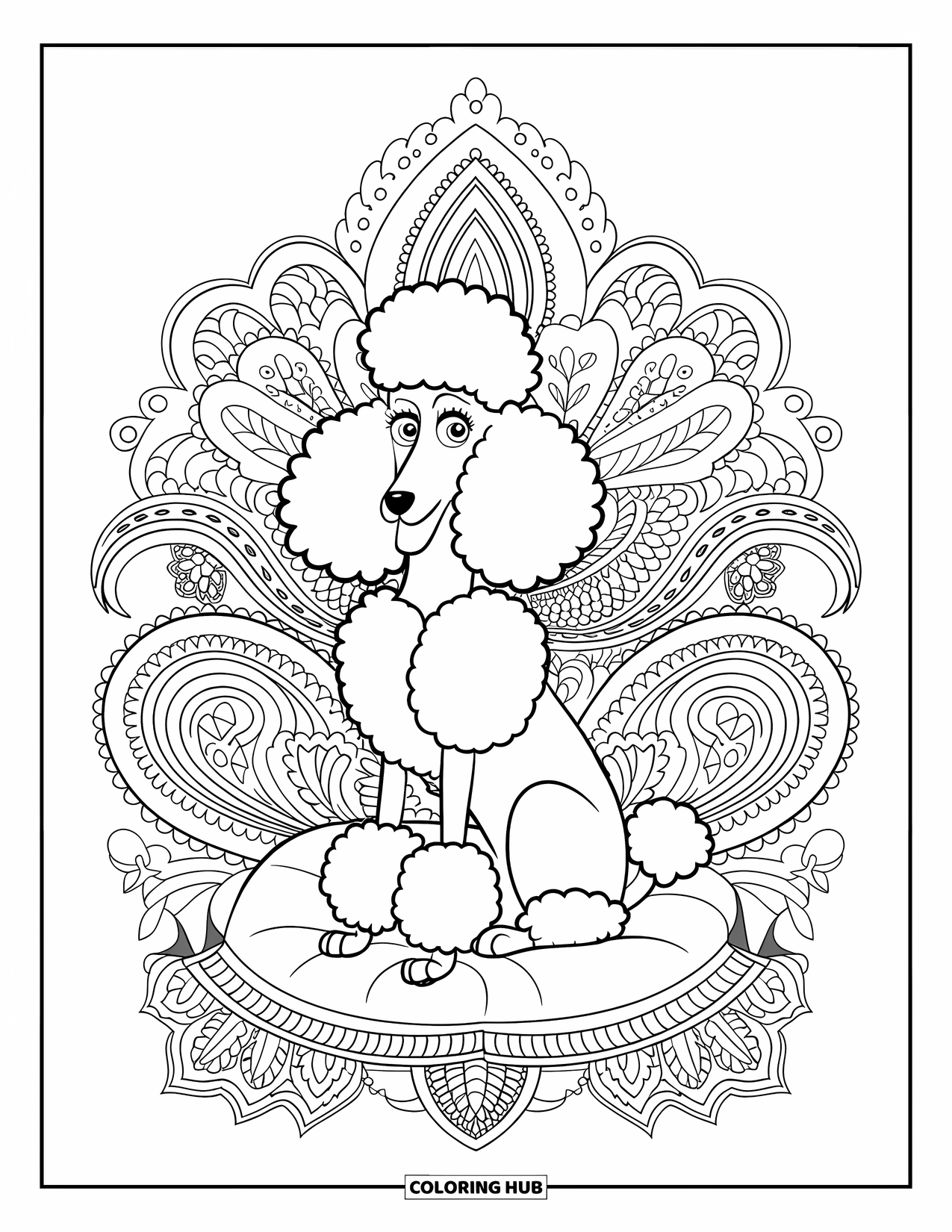 Poodle Coloring Page for Adults: A fancy poodle sits tall on a cushion with swirling paisley patterns around it
