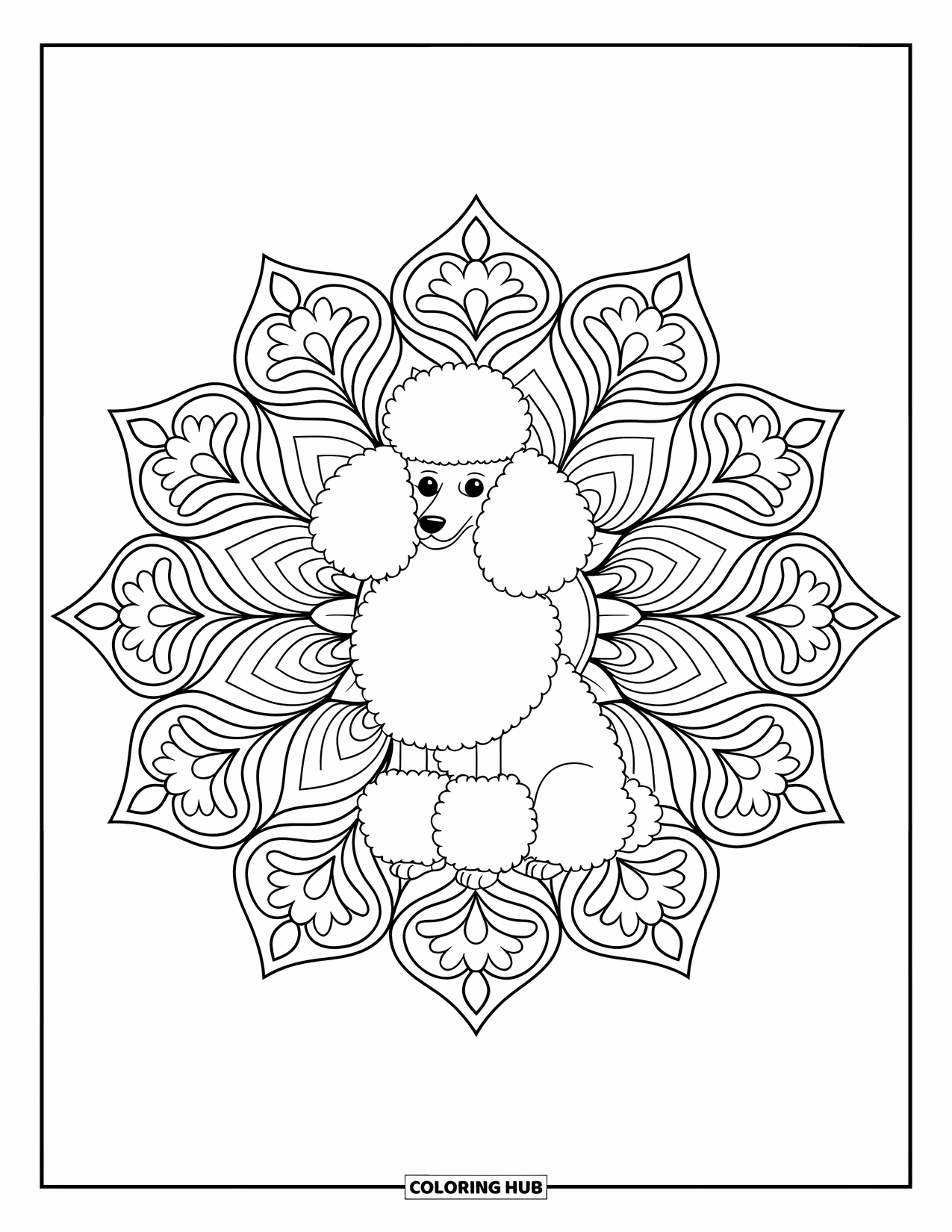 Poodle Coloring Page for Adults: A fluffy poodle sits calmly inside a full-page floral mandala